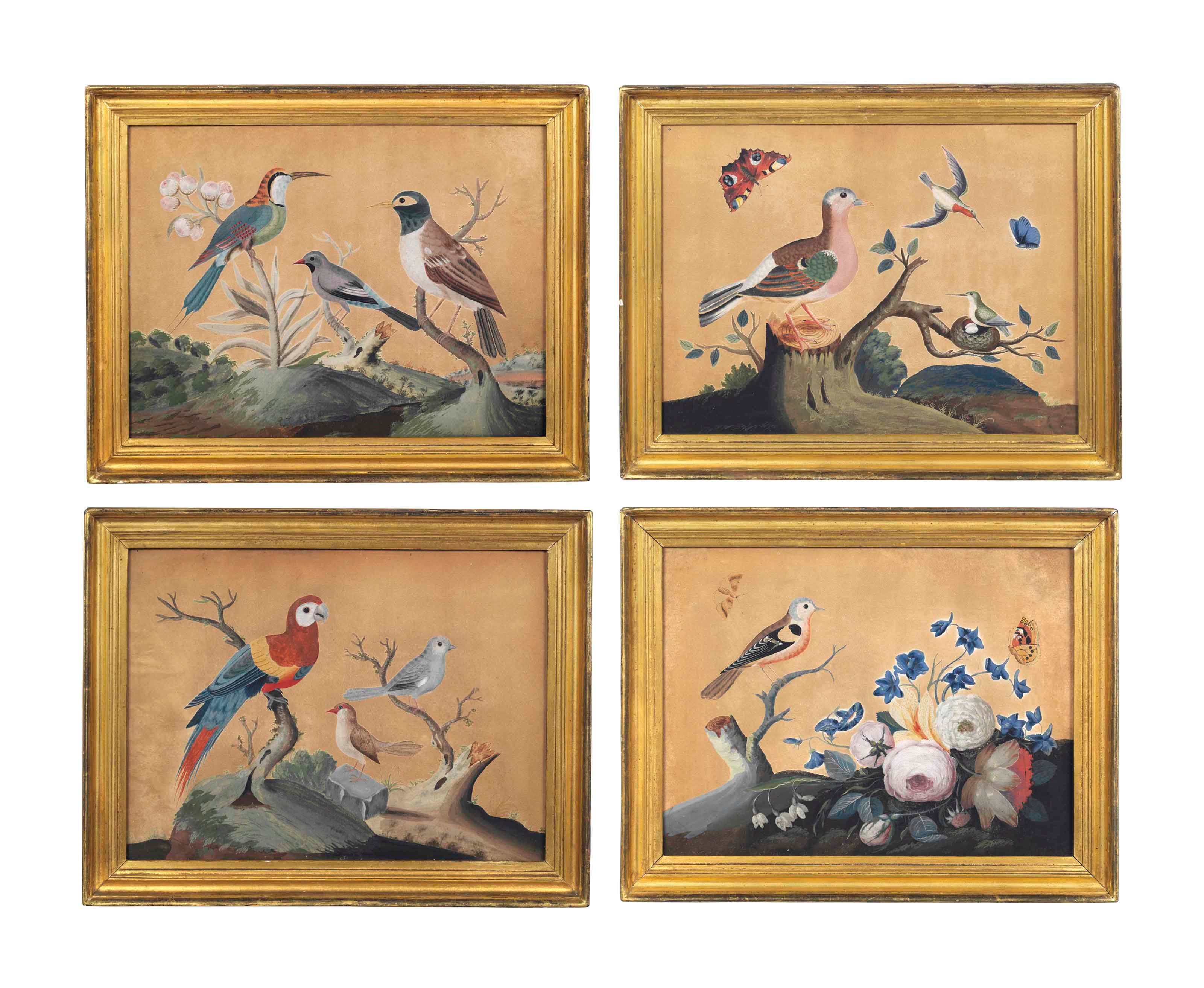 A SET OF FOUR IRISH GEORGE II EMBOSSED PAPER PICTURES OF BIRDS