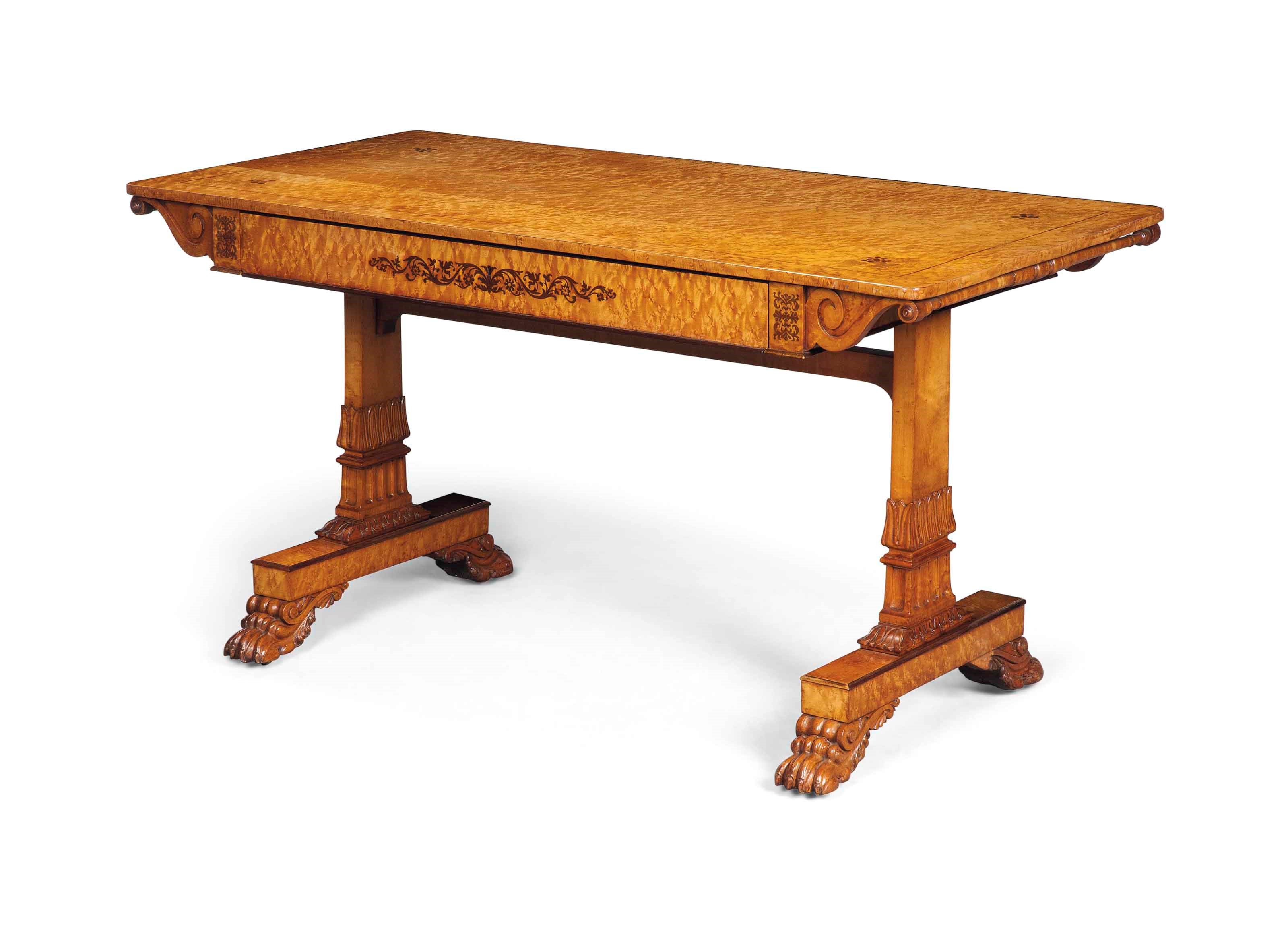 A GEORGE IV BIRDSEYE MAPLE AND MARQUETRY LIBRARY TABLE