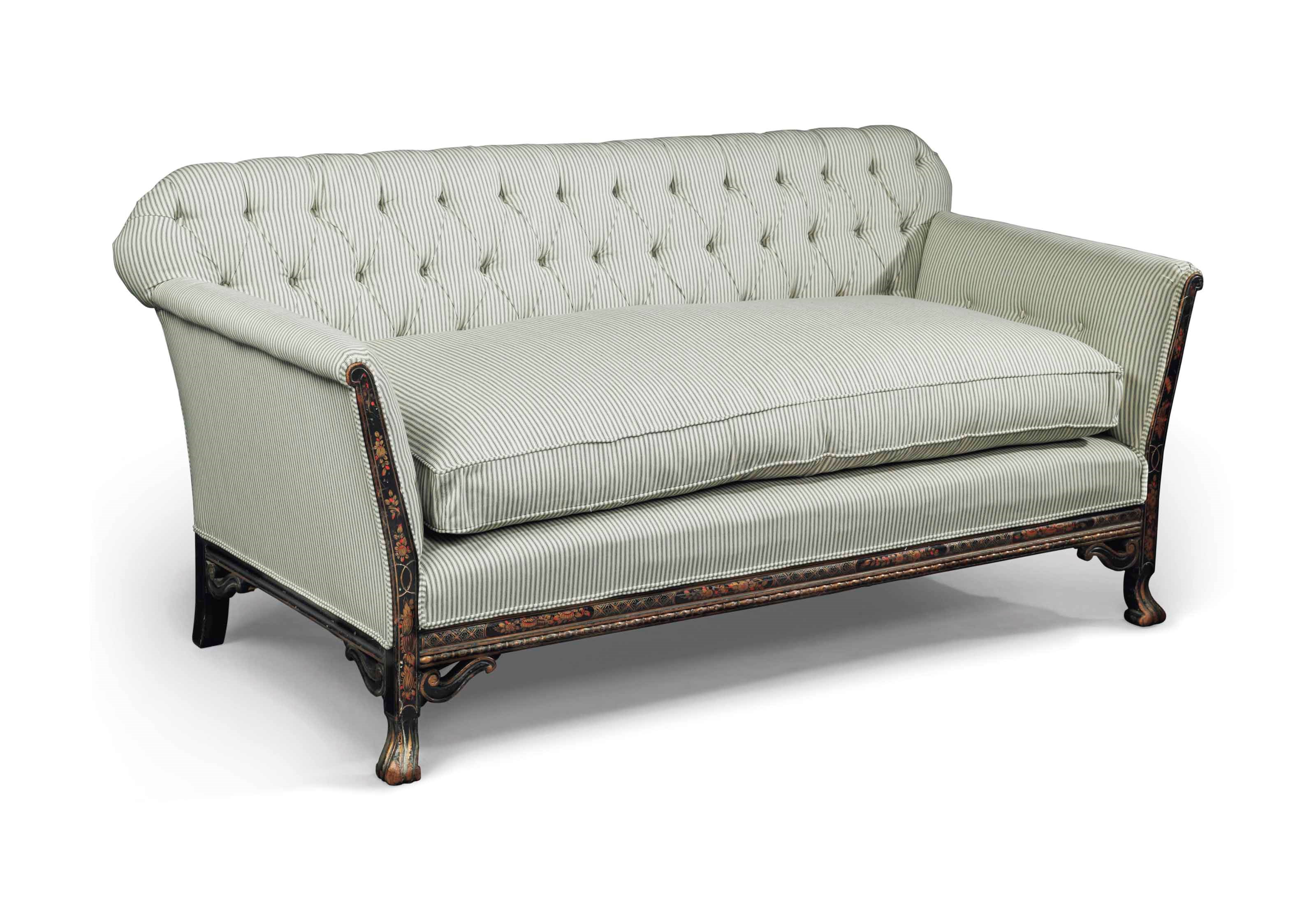 A BUTTONED LINEN AND CHINOISERIE-DECORATED SOFA