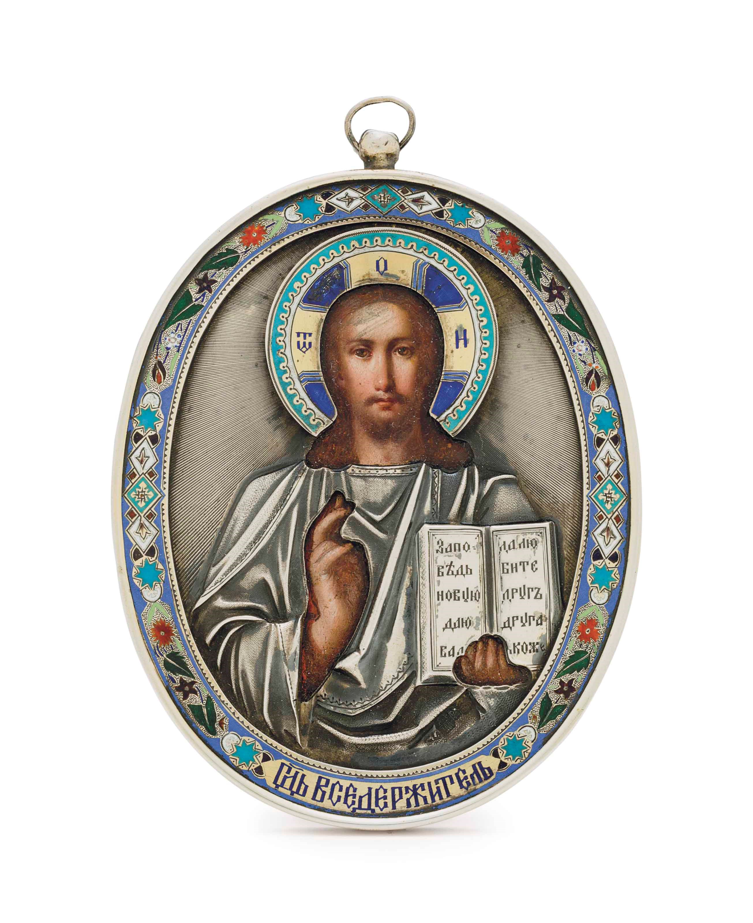 A SILVER AND CHAMPLEVÉ ENAMEL ICON OF CHRIST PANTOCRATOR