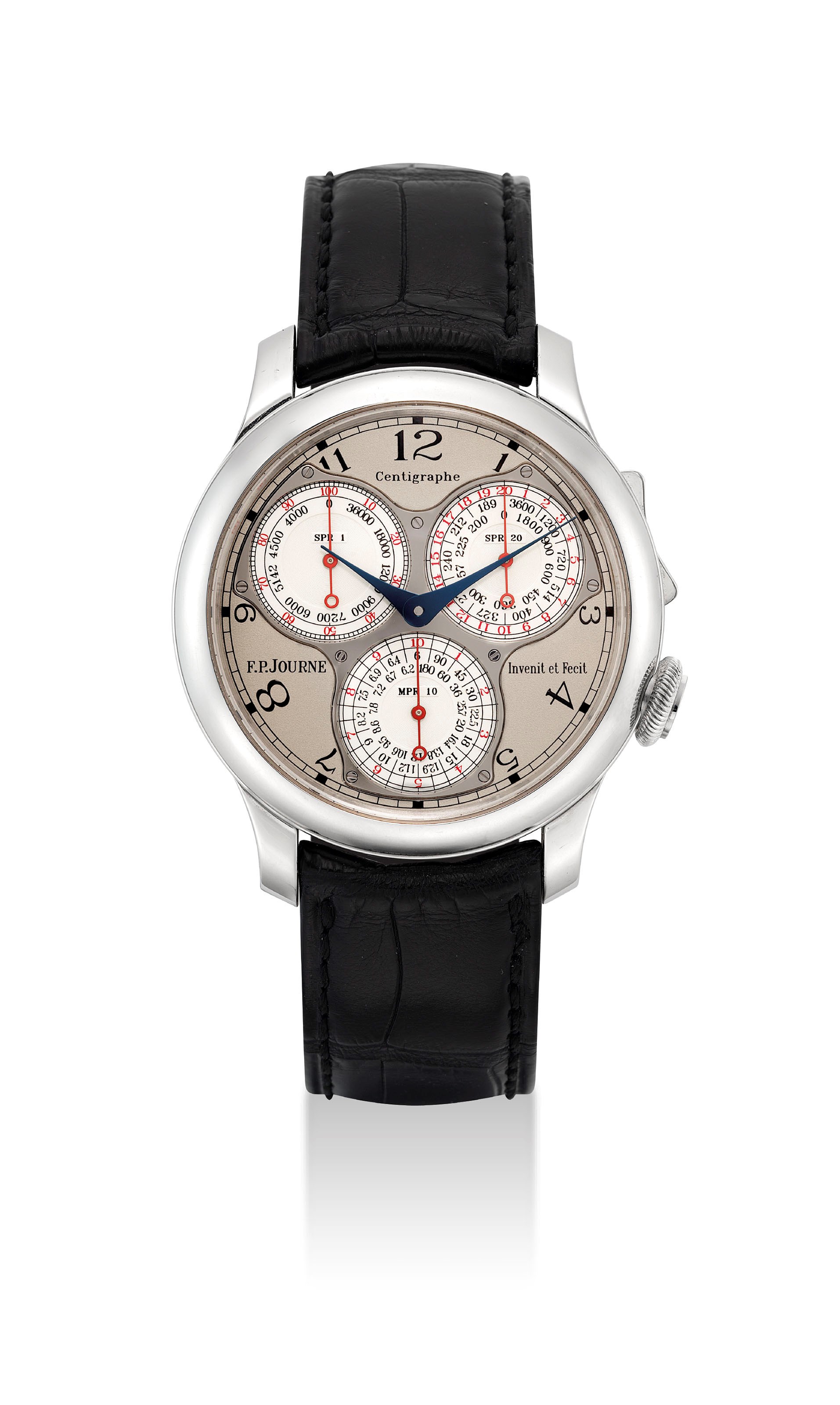 F.P. Journe，非常精細，鉑金腕錶，配計時功能、1/100秒、20秒及10分鐘顯示，“Centigraphe Souverain”，編號163-CT，約2010年製