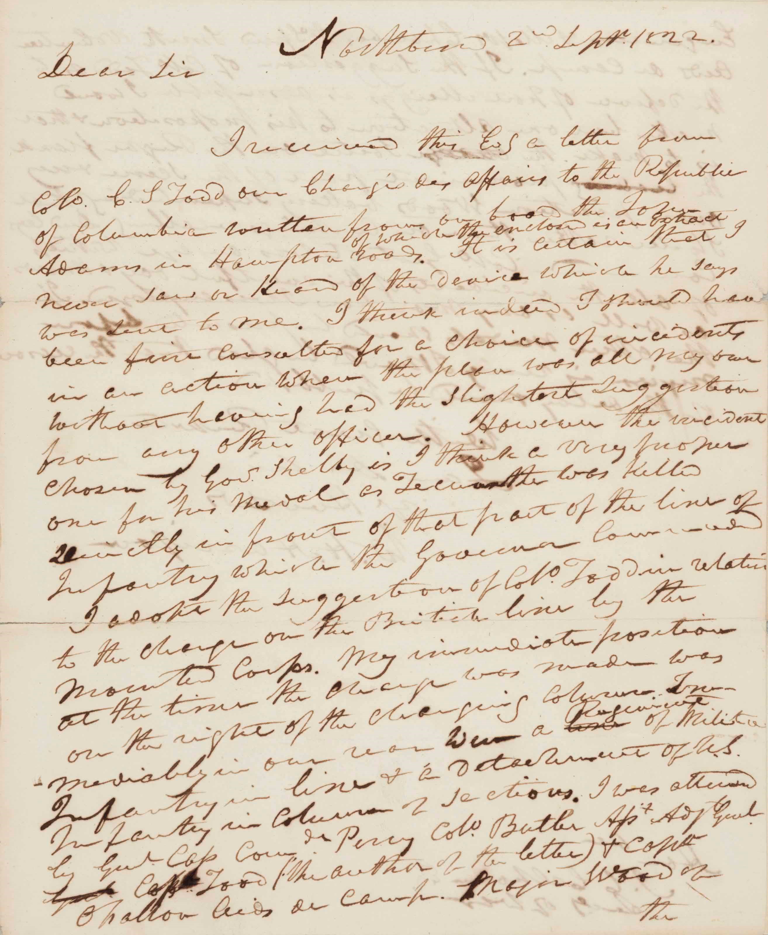 HARRISON, William Henry (1773-1841), President. Autograph letter signed ("W.H. Harrison") TO SECRETARY OF WAR JOHN C. CALHOUN, Northbend [Ohio], 2 September 1822. 1 1/2 pages, 4to, very minor losses at folds, discreetly silked, marked "Free" in an aide's hand on integral cover sheet addressed to "John C. Calhoun Esq. Secretary of War Washington City," splits at folds without loss. [With:] Manuscript "Extract of a letter from Col Charles Todd to Genl Harrison," in an unidentified hand, n.p., n.d., 1 1/4 pages, 4to, silked.