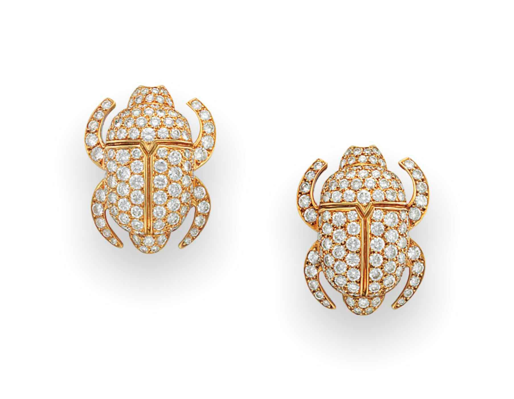 A PAIR OF DIAMOND SCARAB EAR CLIPS, BY CARTIER