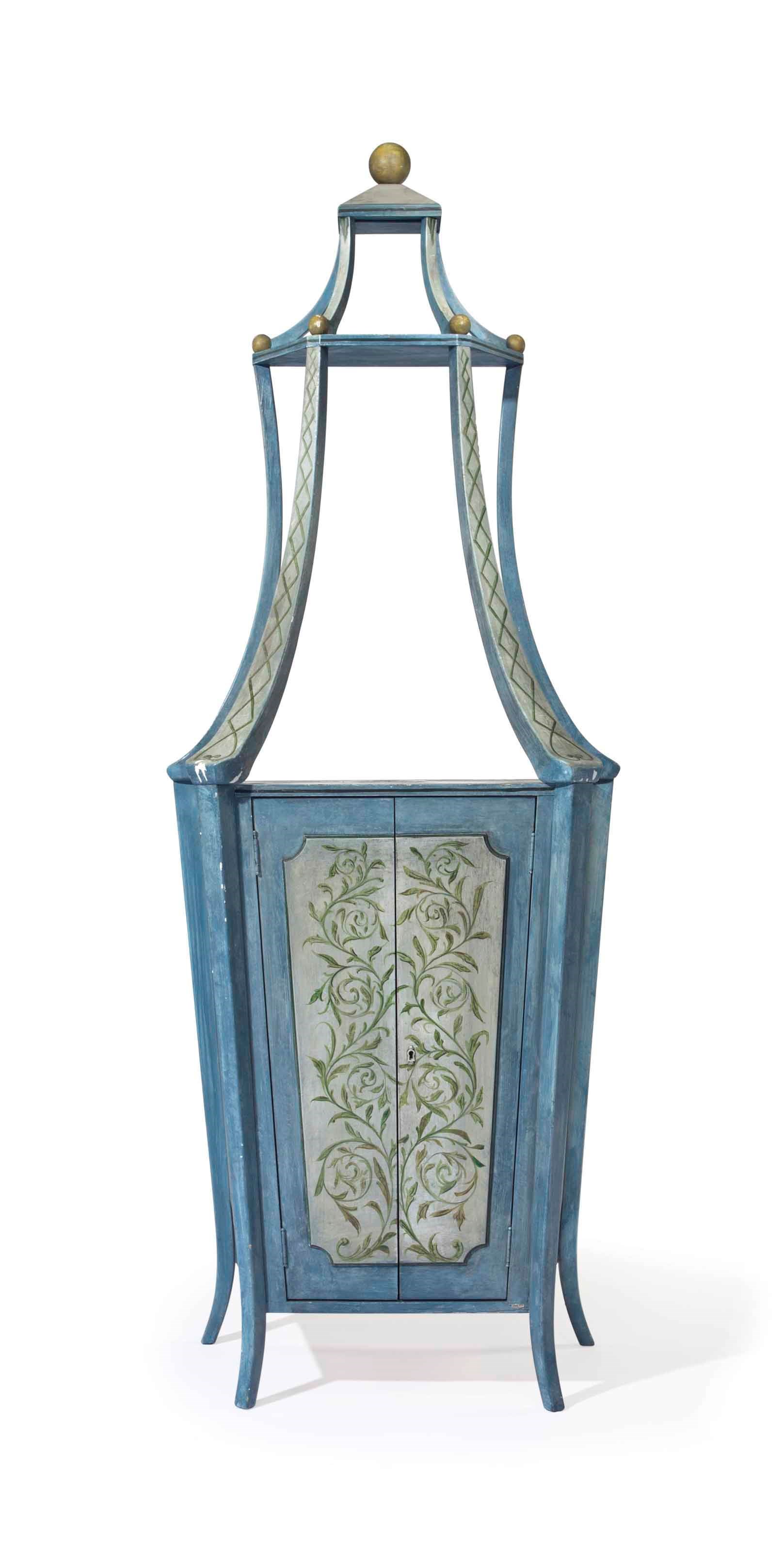 A BLUE AND POLYCHROME-PAINTED VITRINE CABINET