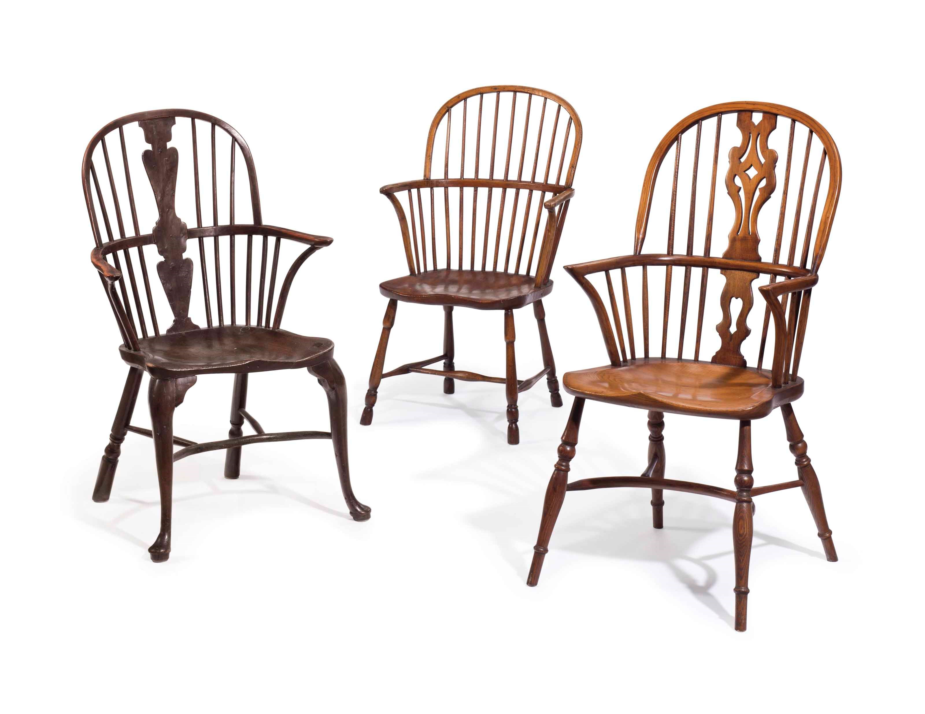 THREE ENGLISH YEW, ELM AND BEECH WINDSOR ARMCHAIRS