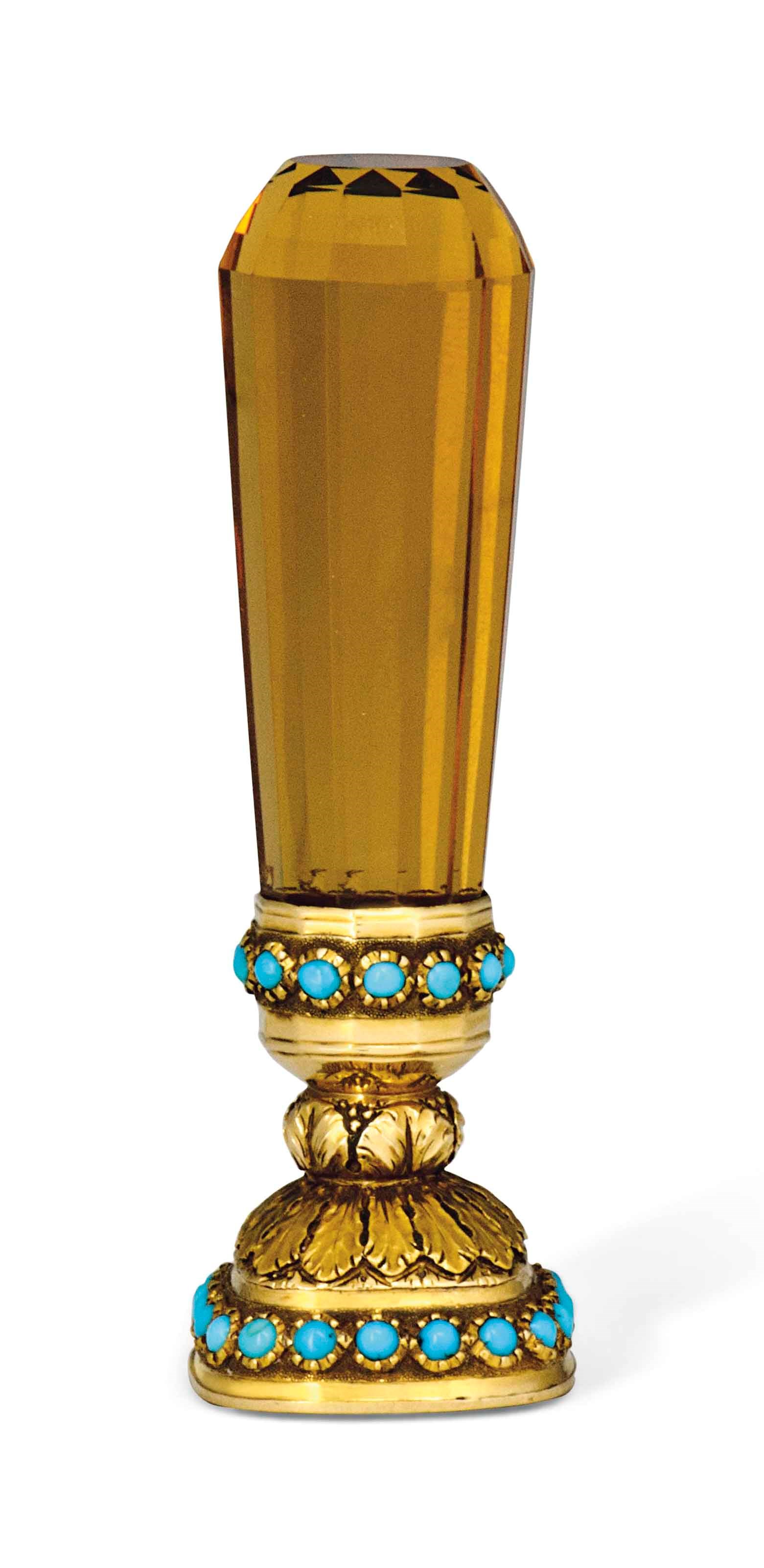AN ENGLISH GOLD-MOUNTED CITRINE SEAL SET WITH TURQUOISE BEADS