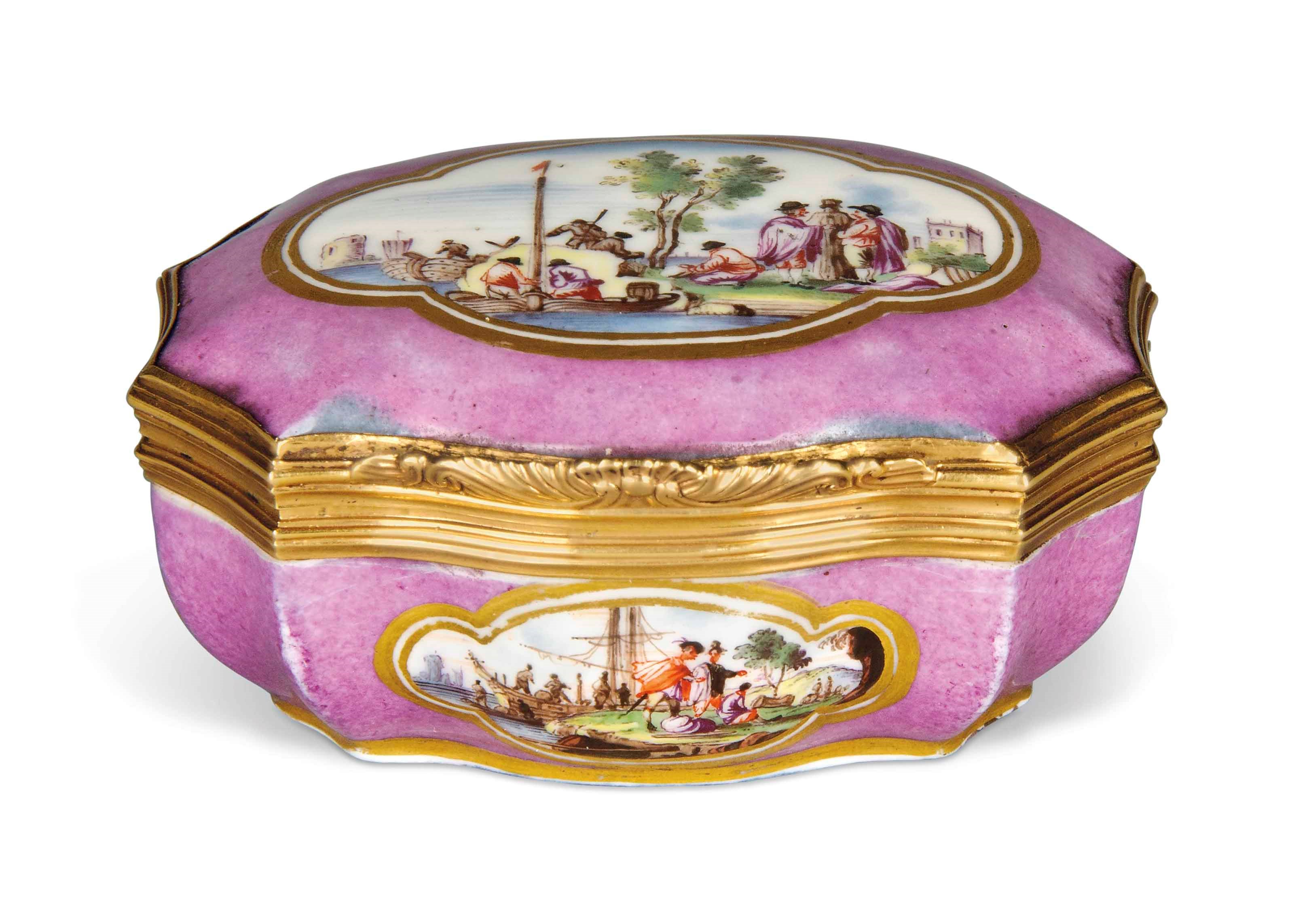 A MEISSEN GOLD-MOUNTED PURPLE-GROUND SNUFF-BOX AND A COVER