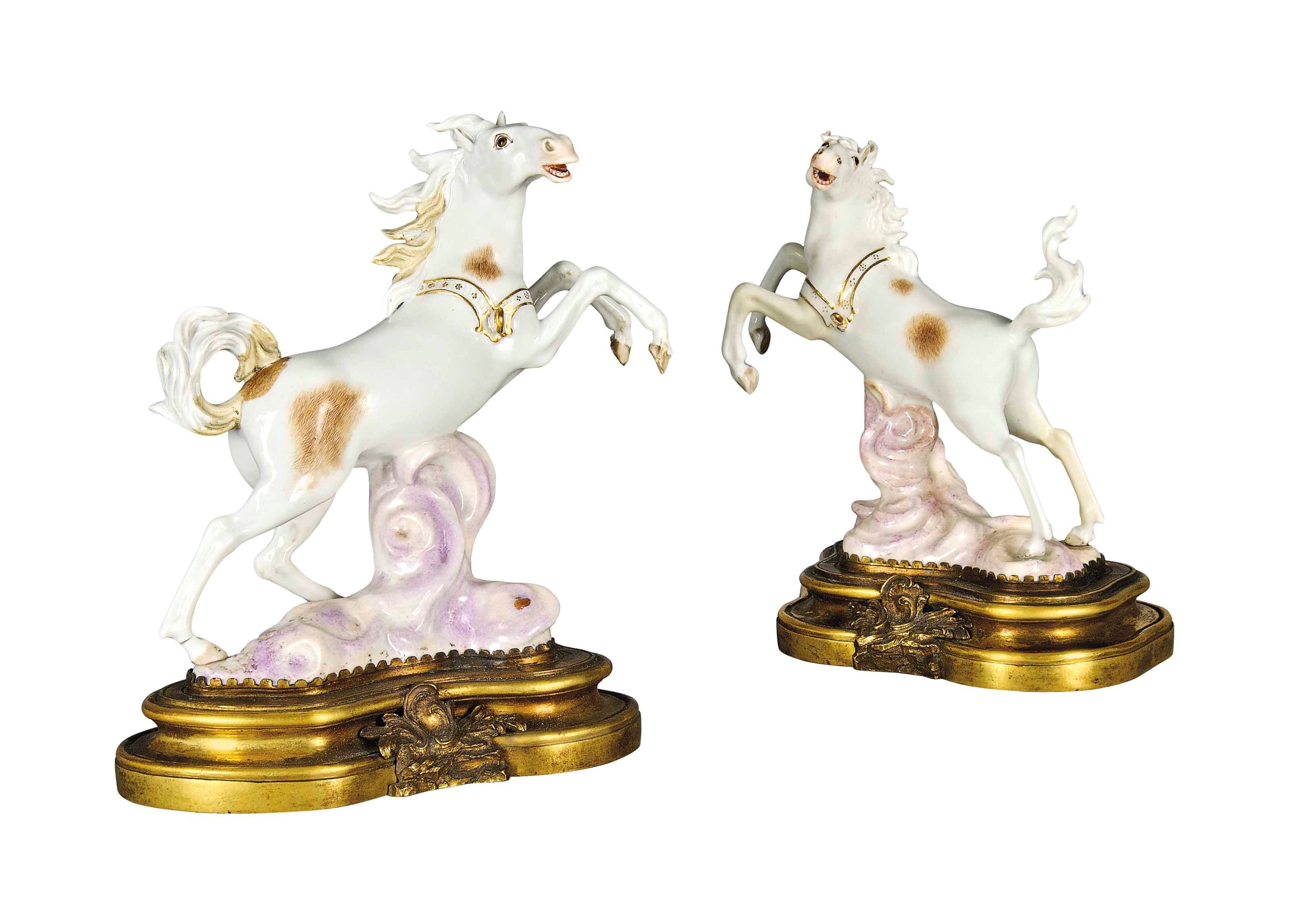 TWO MEISSEN GILT-METAL MOUNTED MODELS OF HORSES
