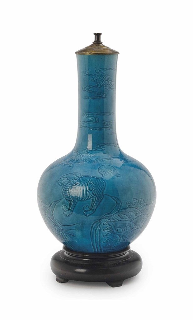 A CHINESE TURQUOISE-GLAZED BOTTLE VASE, MOUNTED AS A LAMP,