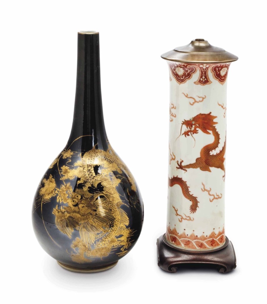 A CHINESE GILT AND IRON-RED DECORATED PORCELAIN VASE, AND A GILT-DECORATED BLACK GLAZED BOTTLE VASE, EACH MOUNTED AS A LAMP,