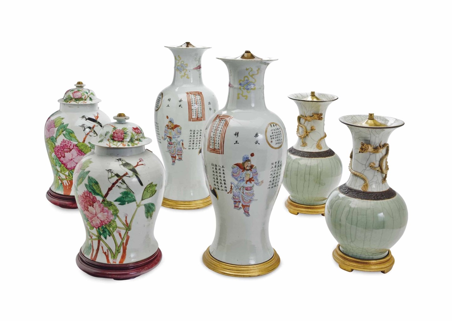 THREE PAIRS OF CHINESE PORCELAIN VASES, MOUNTED AS TABLE LAMPS,