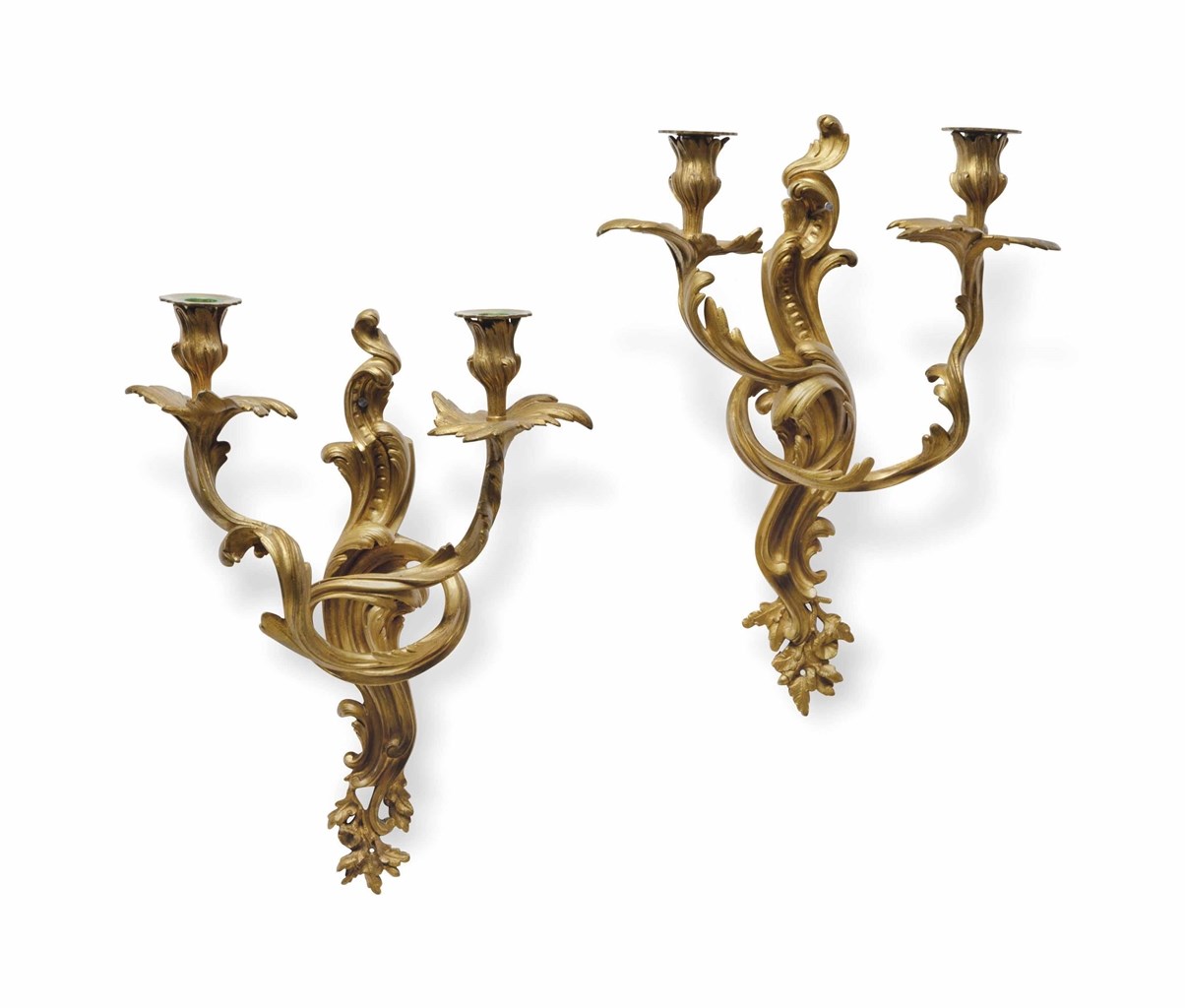 A PAIR OF LOUIS XV STYLE ORMOLU TWO-LIGHT WALL-LIGHTS,