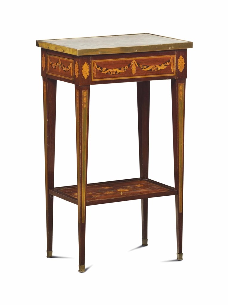 A FRENCH BRASS-MOUNTED MAHOGANY MARQUETRY MARBLE TOP TABLE,
