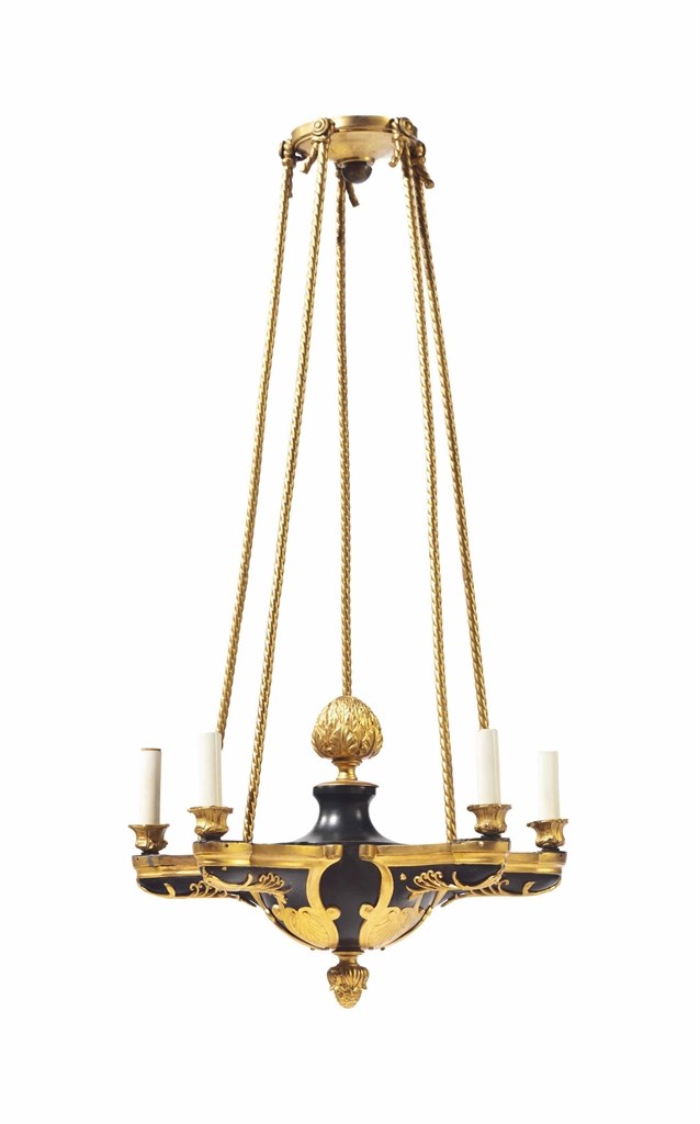 AN EMPIRE STYLE PATINATED GILT-METAL FIVE-LIGHT CHANDELIER,
