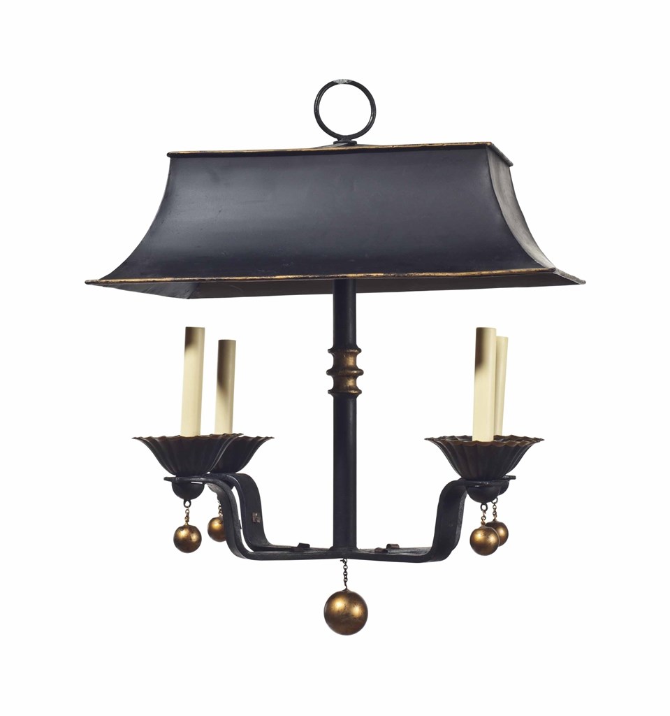 A GILT IRON AND TOLE FOUR-LIGHT CHANDELIER,