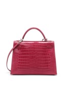 SAC KELLY SELLIER 32 EN CROCODILE POROSUS LISSE FUCHSIA, GARNITURE EN MÉTAL ARGENTÉ PALLADIÉ