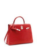 SAC KELLY RETOURNÉ 35 EN CROCODILE POROSUS MAT BOUGAINVILLIER, GARNITURE EN MÉTAL ARGENTÉ PALLADIÉ