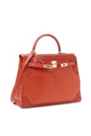 SAC KELLY GRAND MARRIAGE RETOURNÉ 35 EN ALLIGATOR, AUTRUCHE & LÉZARD SANGUINE, GARNITURE EN MÉTAL ARGENTÉ PALLADIÉ