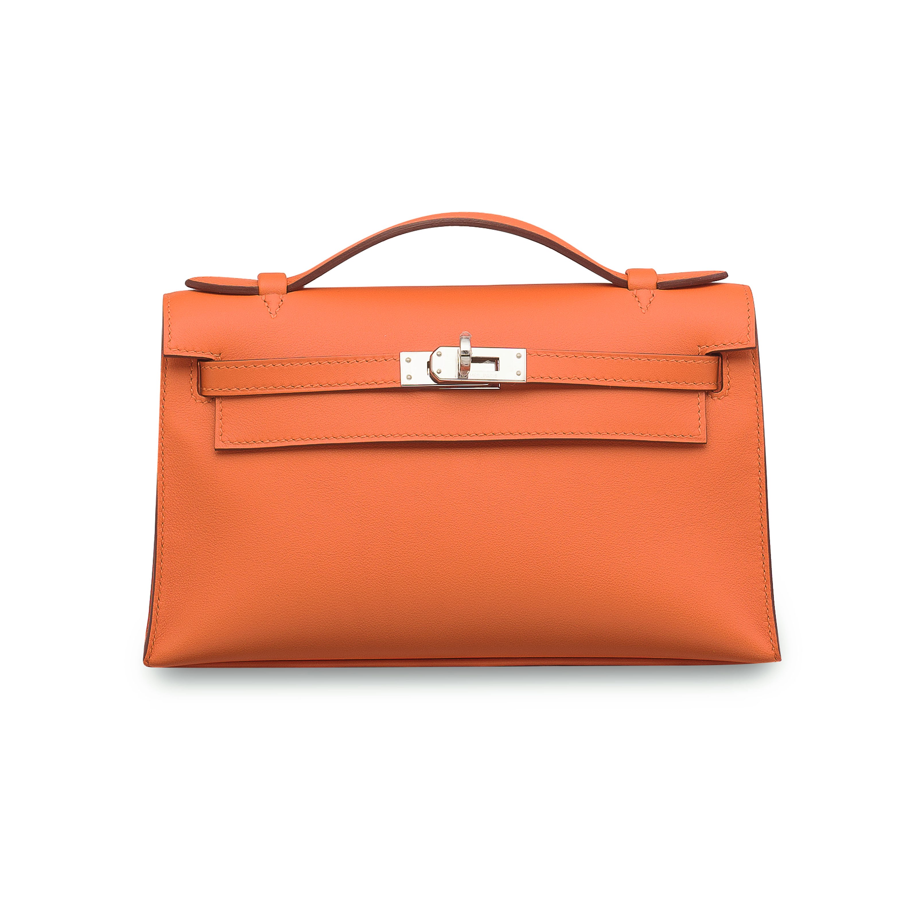 AN ORANGE SWIFT LEATHER KELLY POCHETTE WITH PALLADIUM HARDWARE