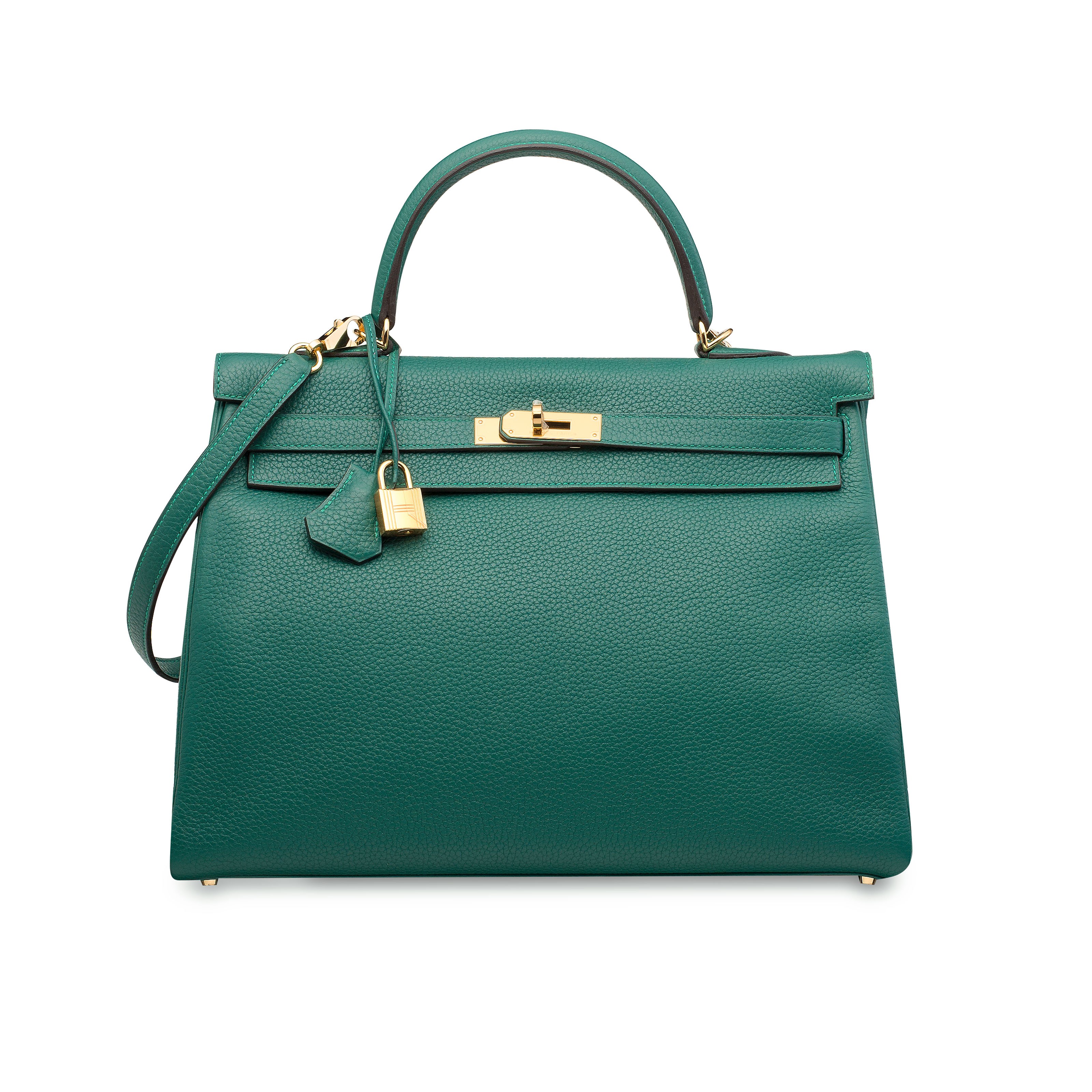 A MALACHITE CLÉMENCE LEATHER RETOURNÉ KELLY 35 WITH GOLD HARDWARE