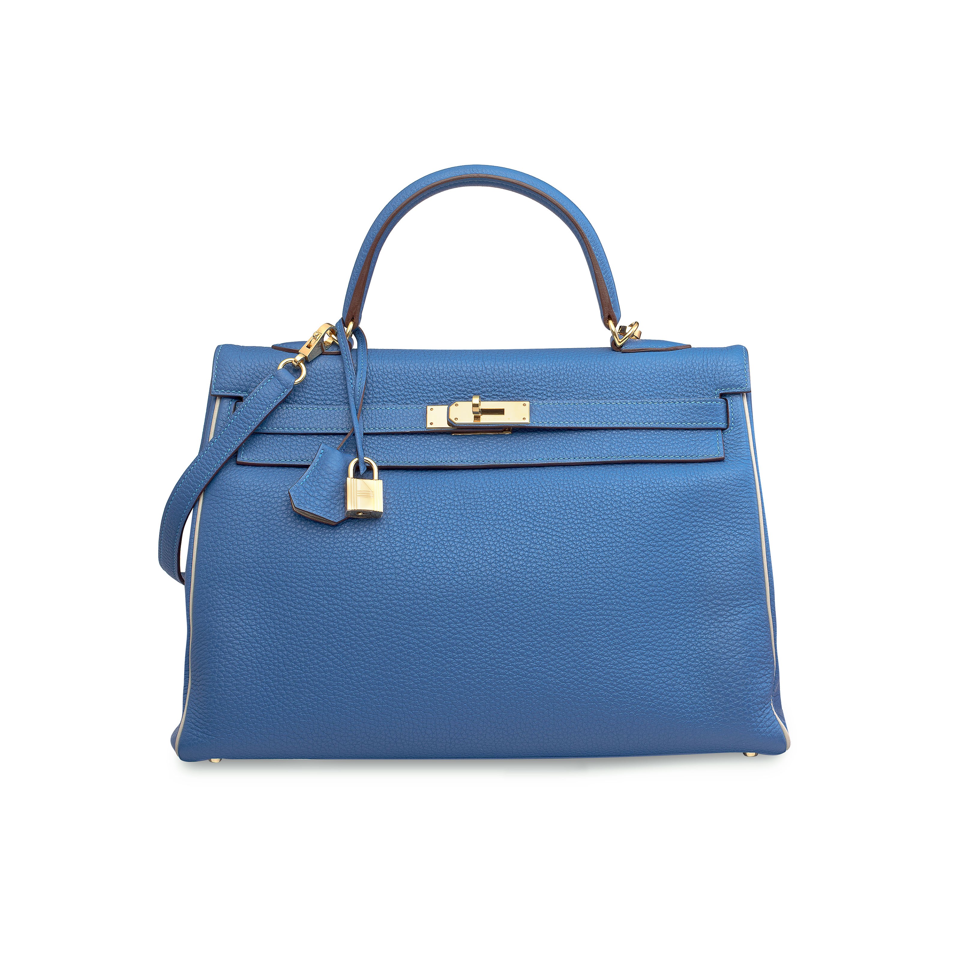 A CUSTOM MYKONOS & GRIS PERLE BI-COLOR CLÉMENCE LEATHER RETOURNÉ KELLY 35 WITH GOLD HARDWARE