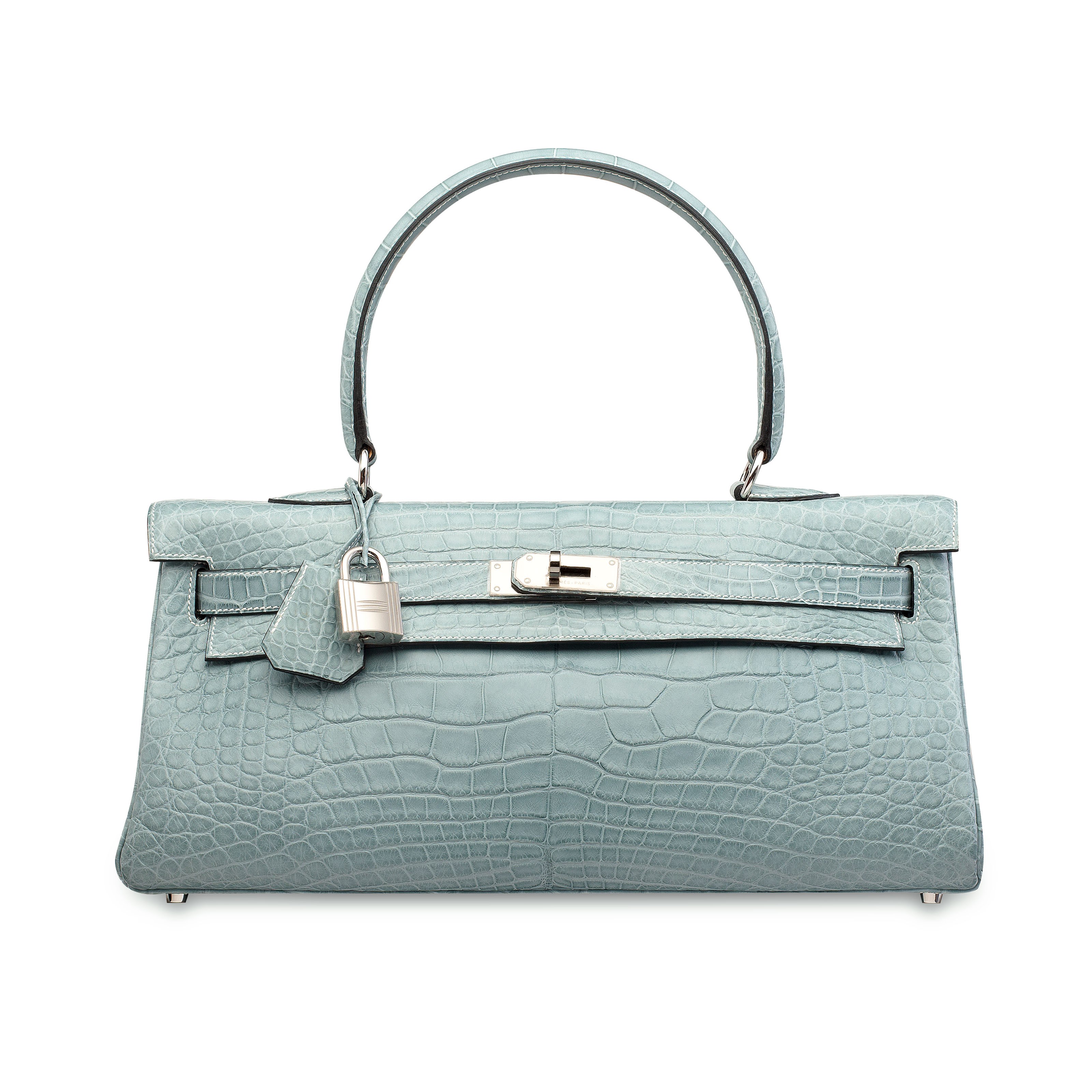 A CUSTOM MATTE CIEL ALLIGATOR SHOULDER KELLY WITH PALLADIUM HARDWARE
