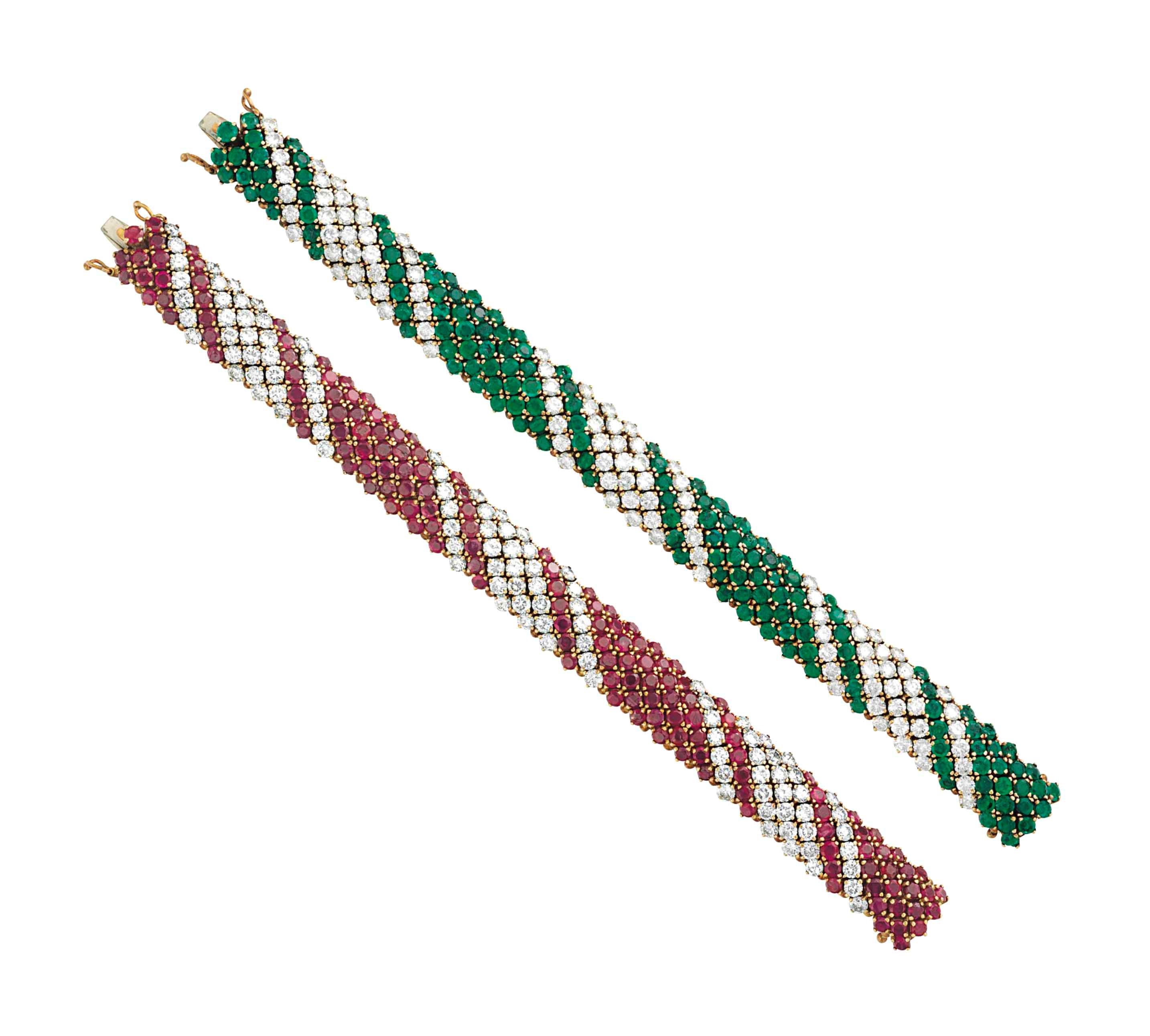TWO RUBY, EMERALD AND DIAMOND BRACELETS