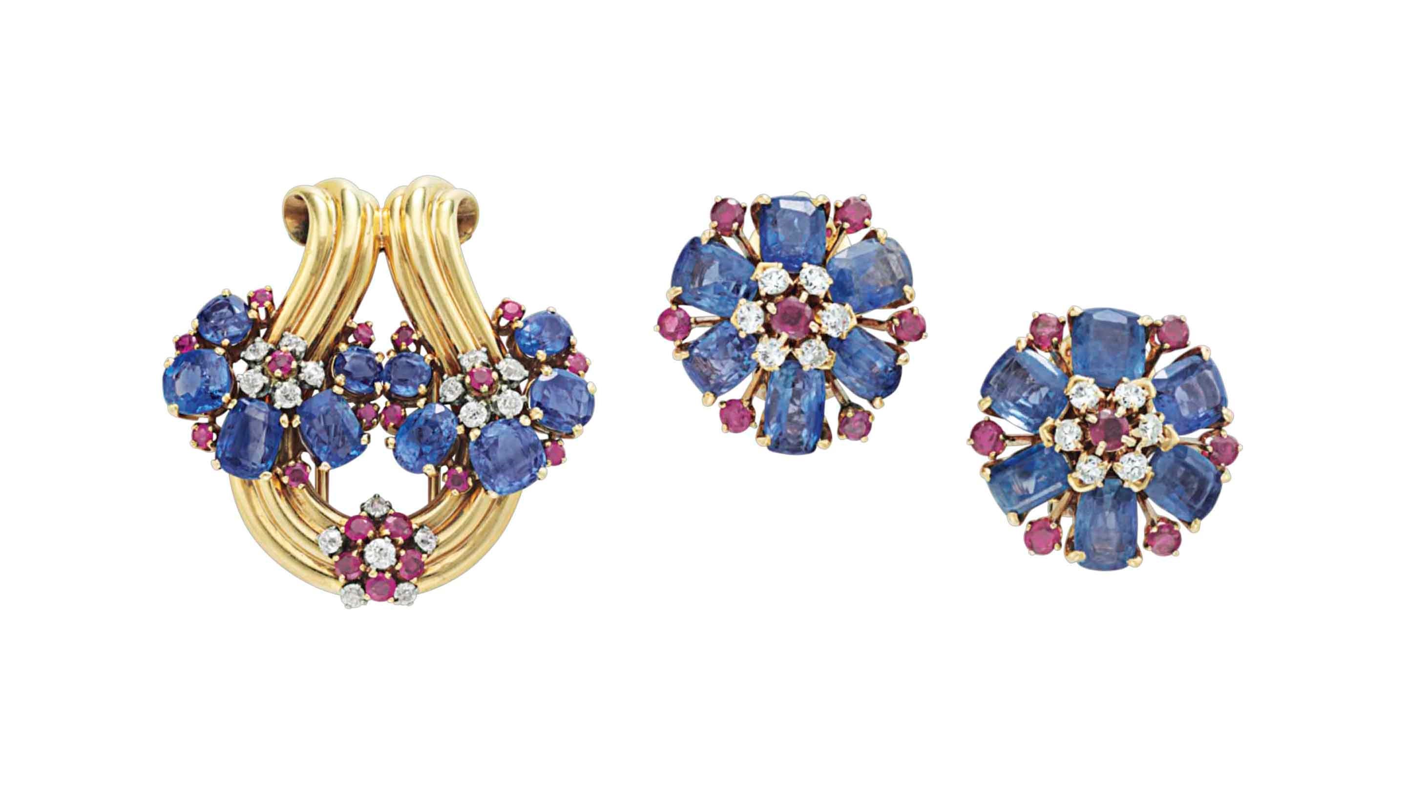 A SET OF RETRO SAPPHIRE, RUBY AND DIAMOND JEWELRY, BY VAN CLEEF & ARPELS