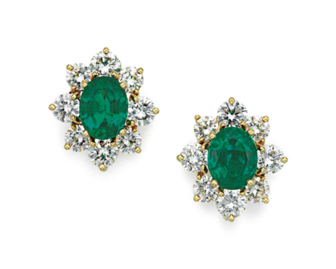 A PAIR OF EMERALD AND DIAMOND EAR CLIPS
