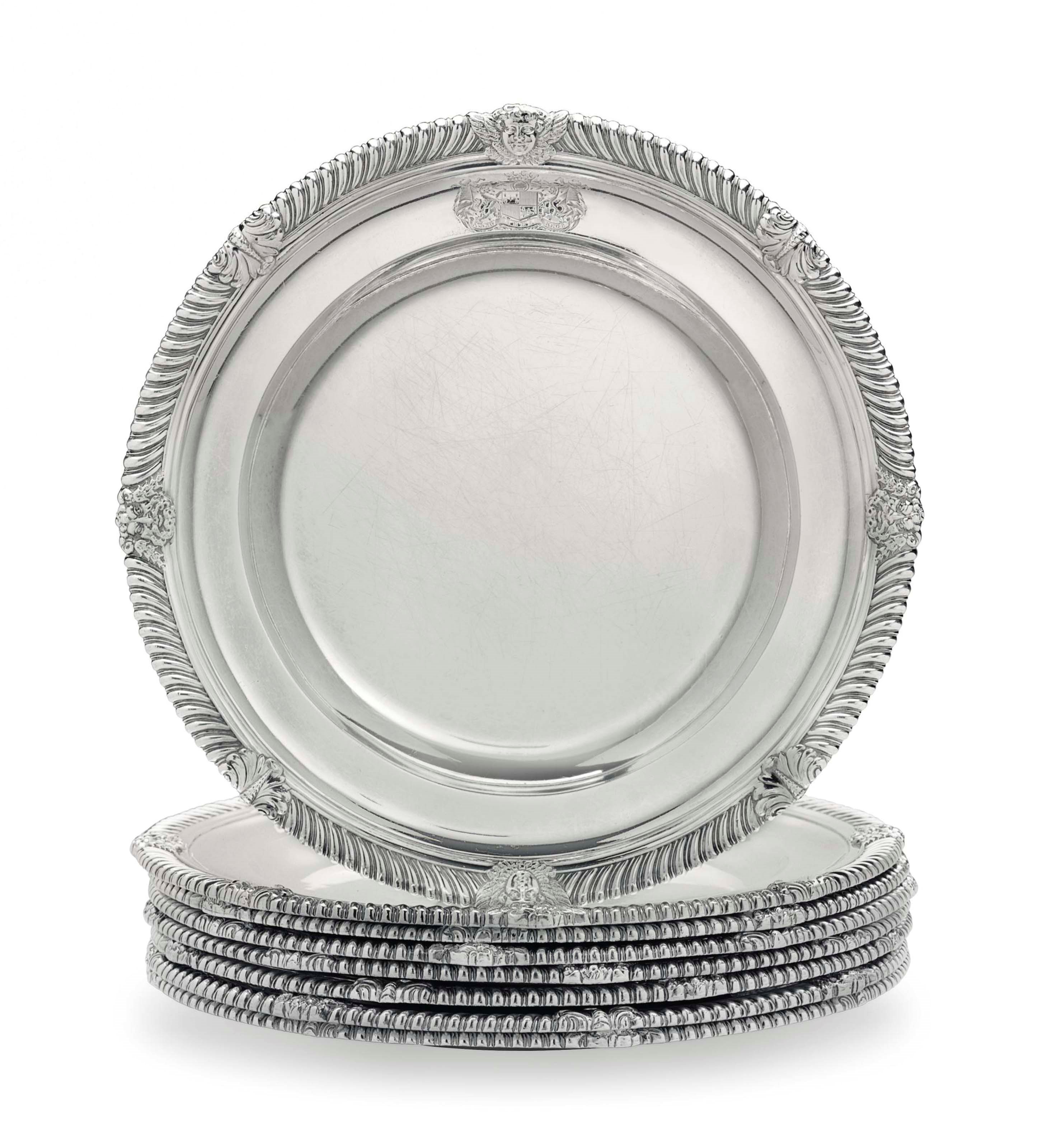 A SET OF EIGHT GEORGE IV SILVER DINNER PLATES FROM THE CHESTERFIELD SERVICE