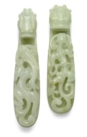 TWO PALE CELADON JADE 'DRAGON' BELT HOOKS