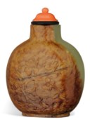 A CELADON AND RUSSET JADE SNUFF BOTTLE