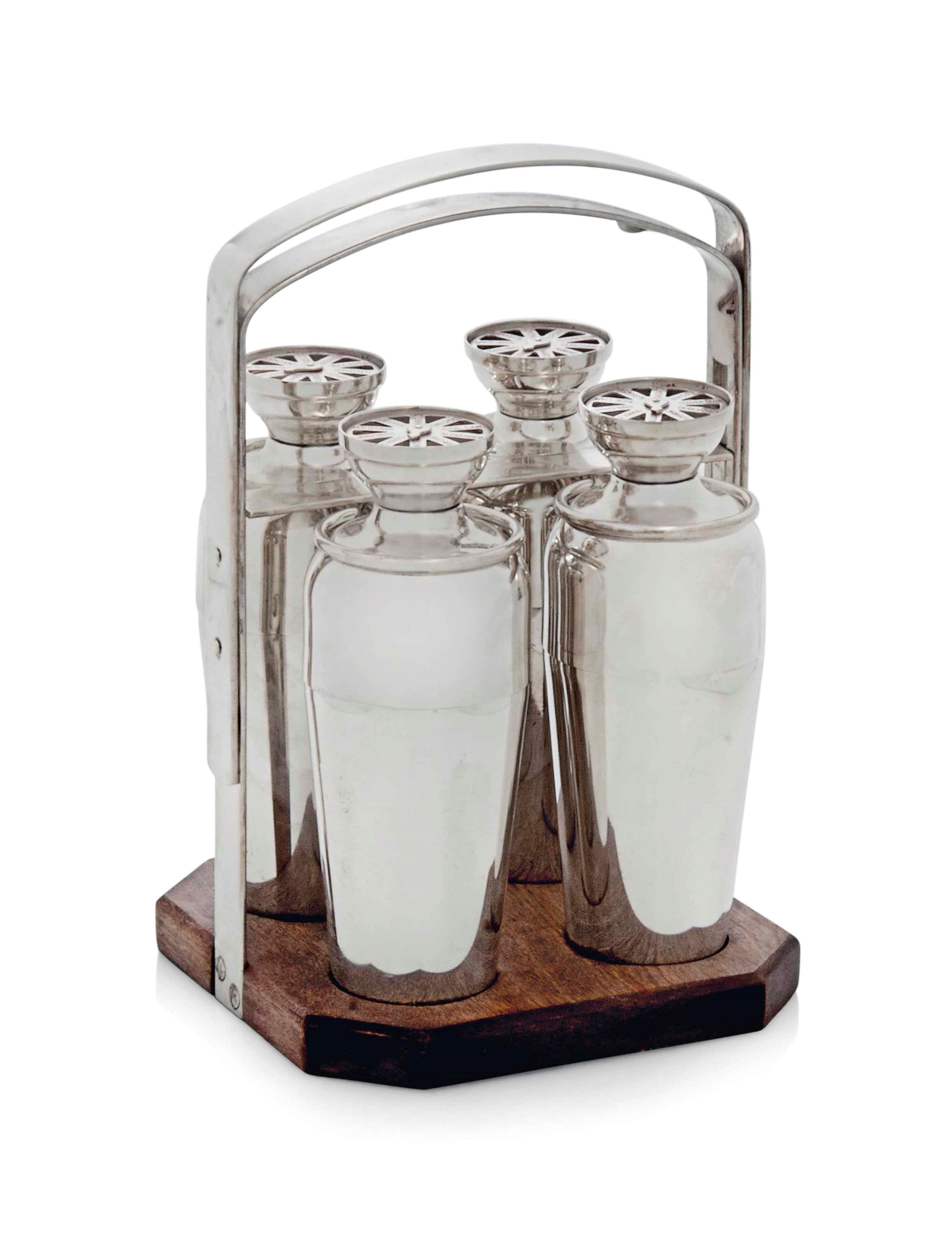 A NAPIER 'FOURSOME' SILVER PLATED AND WALNUT COCKTAIL SHAKER