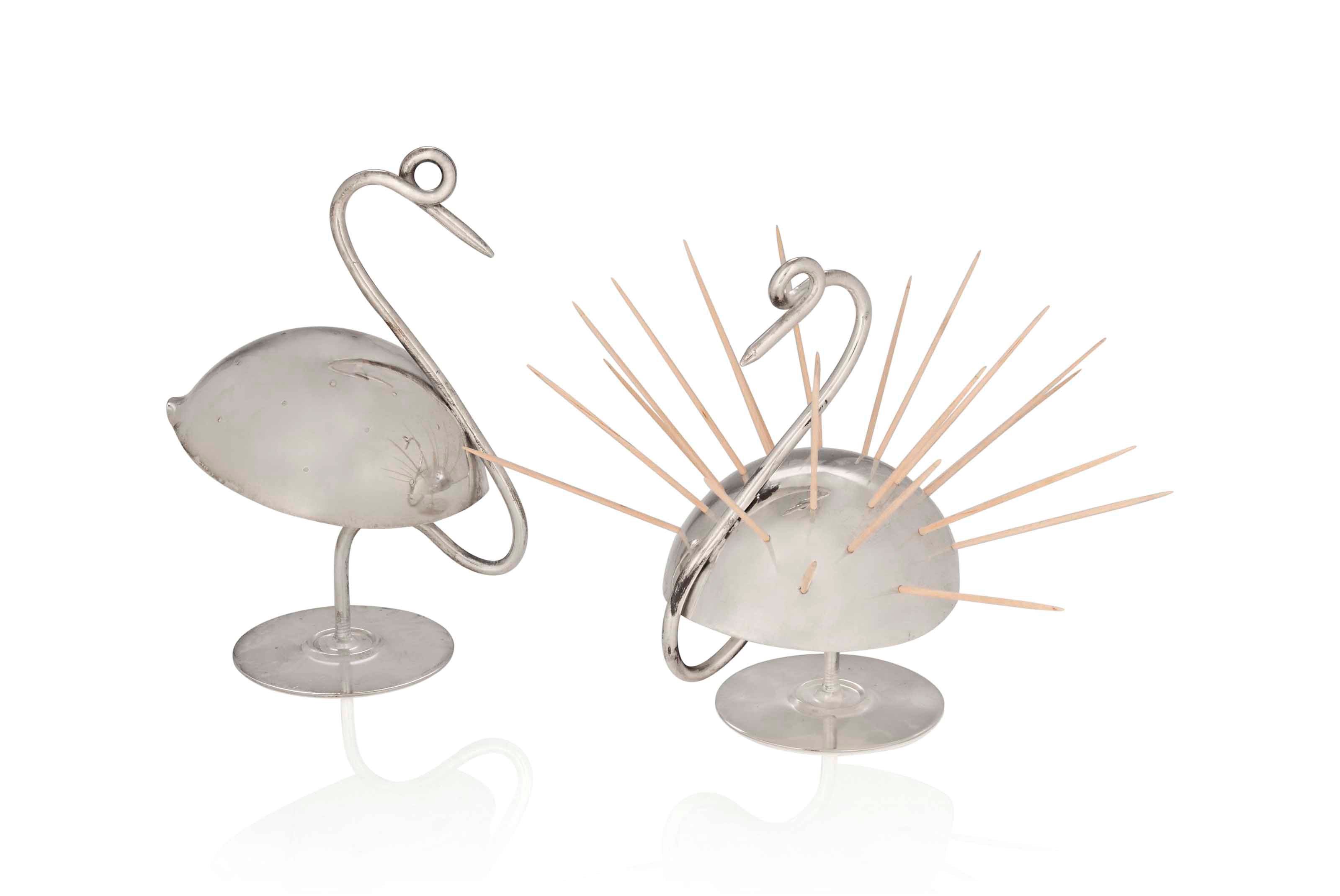 A PAIR OF NAPIER SILVER PLATED 'SWAN' COCKTAIL STICK HOLDERS