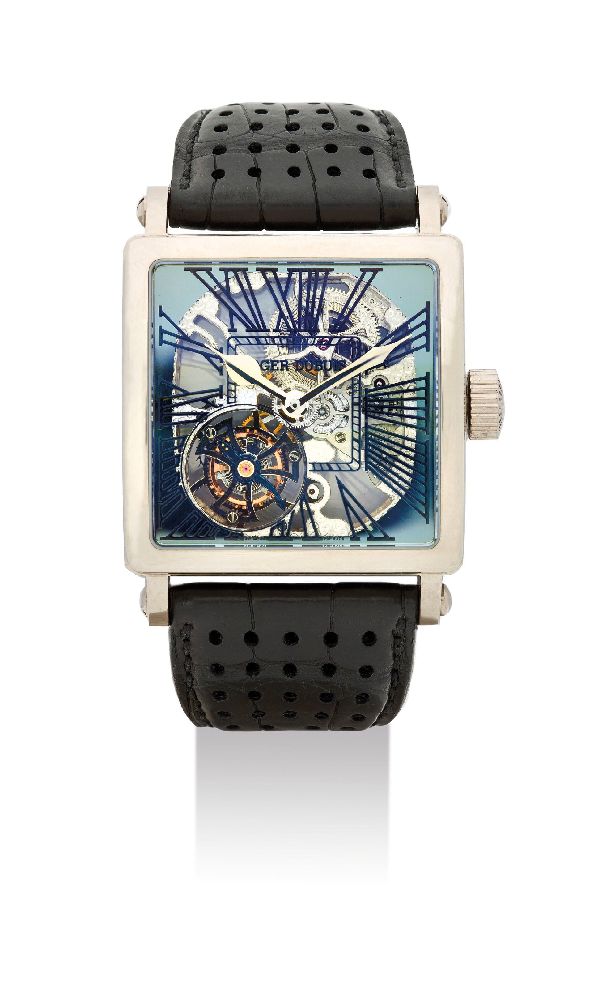 ROGER DUBUIS. A FINE AND VERY RARE 18K WHITE GOLD LIMITED EDITION SKELETONISED TOURBILLON SQUARE WRISTWATCH
