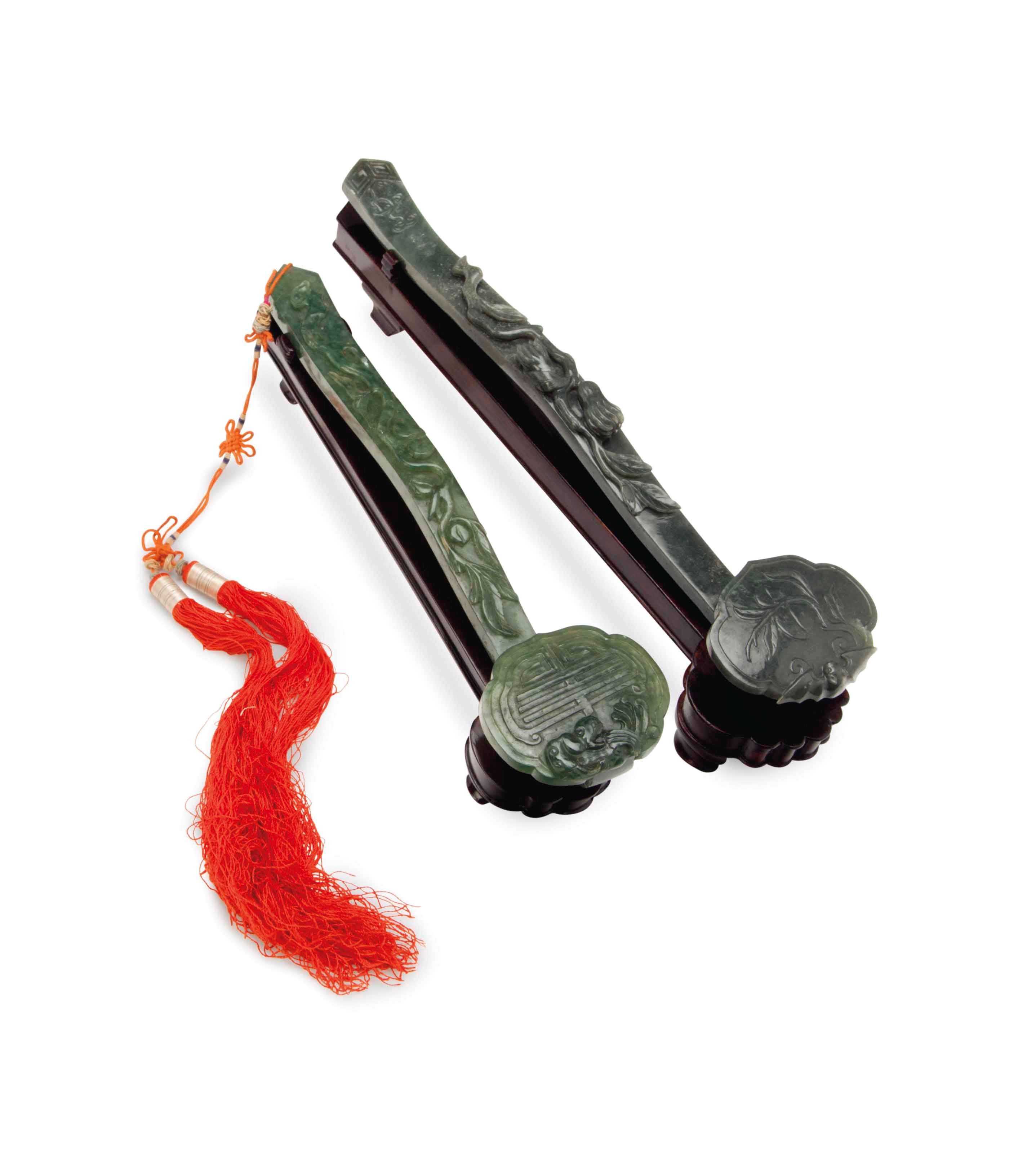 TWO CHINESE HARDSTONE RUYI SCEPTERS