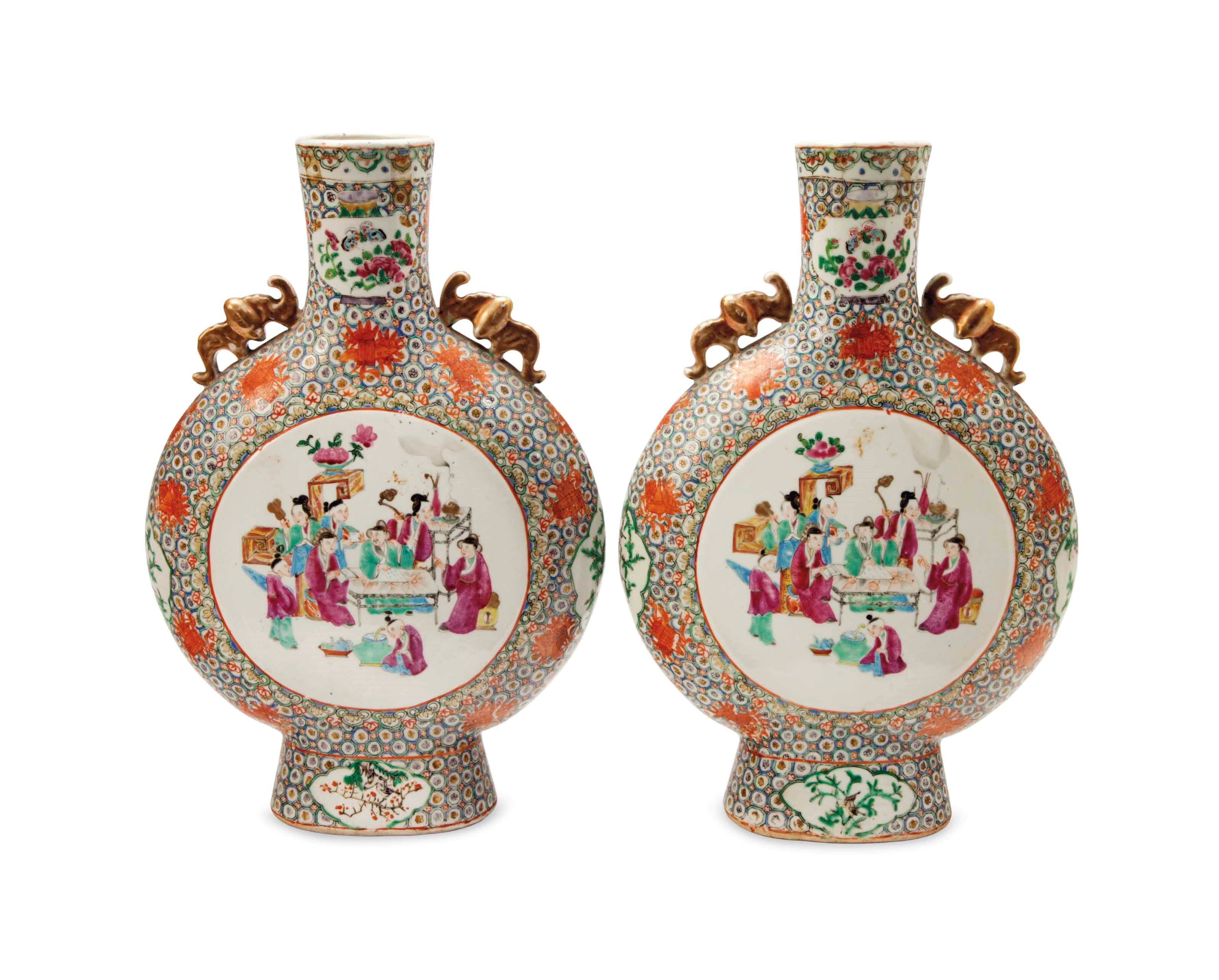 A PAIR OF CHINESE CANTON FAMILLE ROSE MOON FLASKS