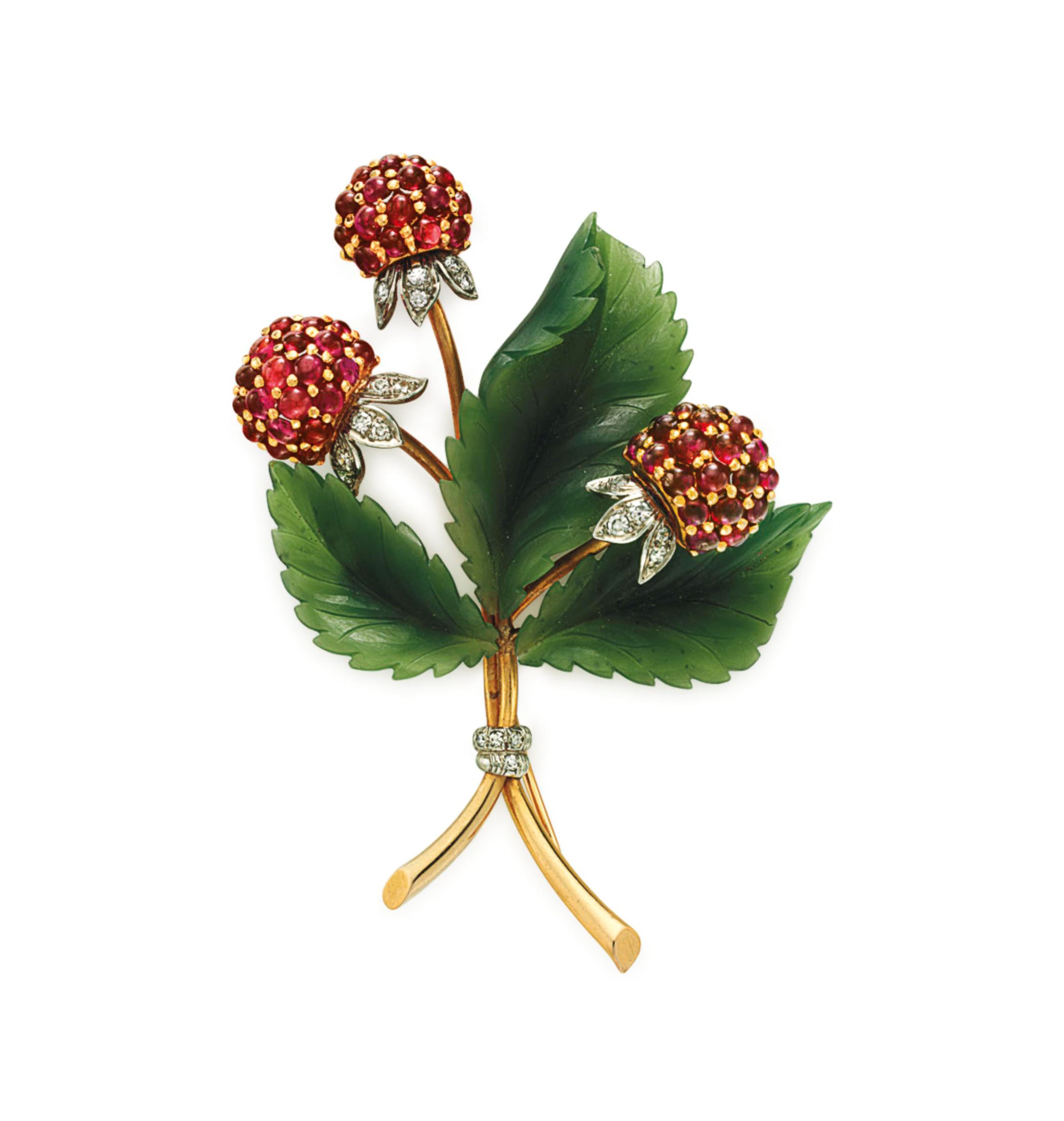 A RUBY, NEPHRITE AND DIAMOND FLOWER BROOCH