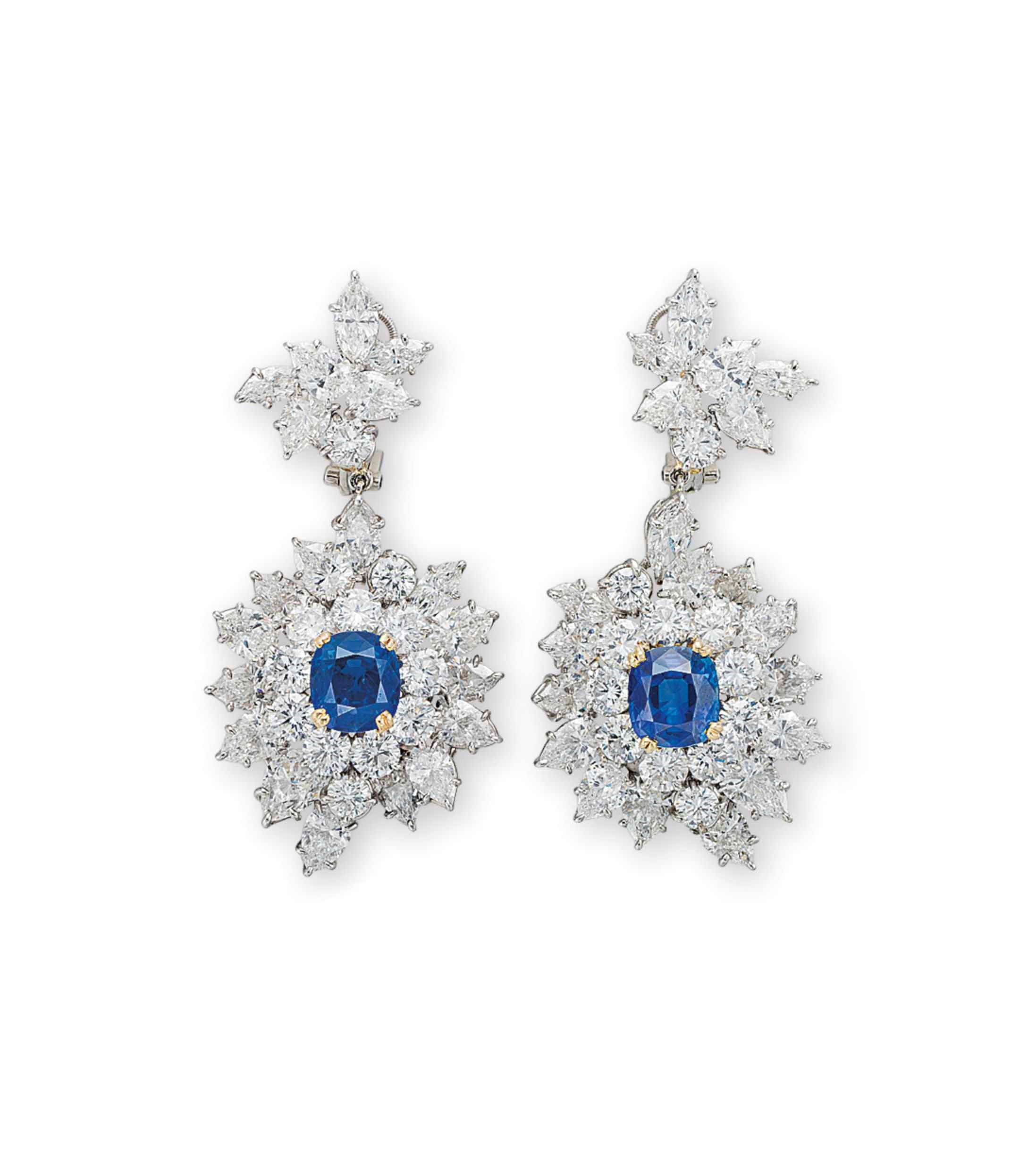 A PAIR OF SAPPHIRE AND DIAMOND EAR PENDANTS, BY HARRY WINSTON