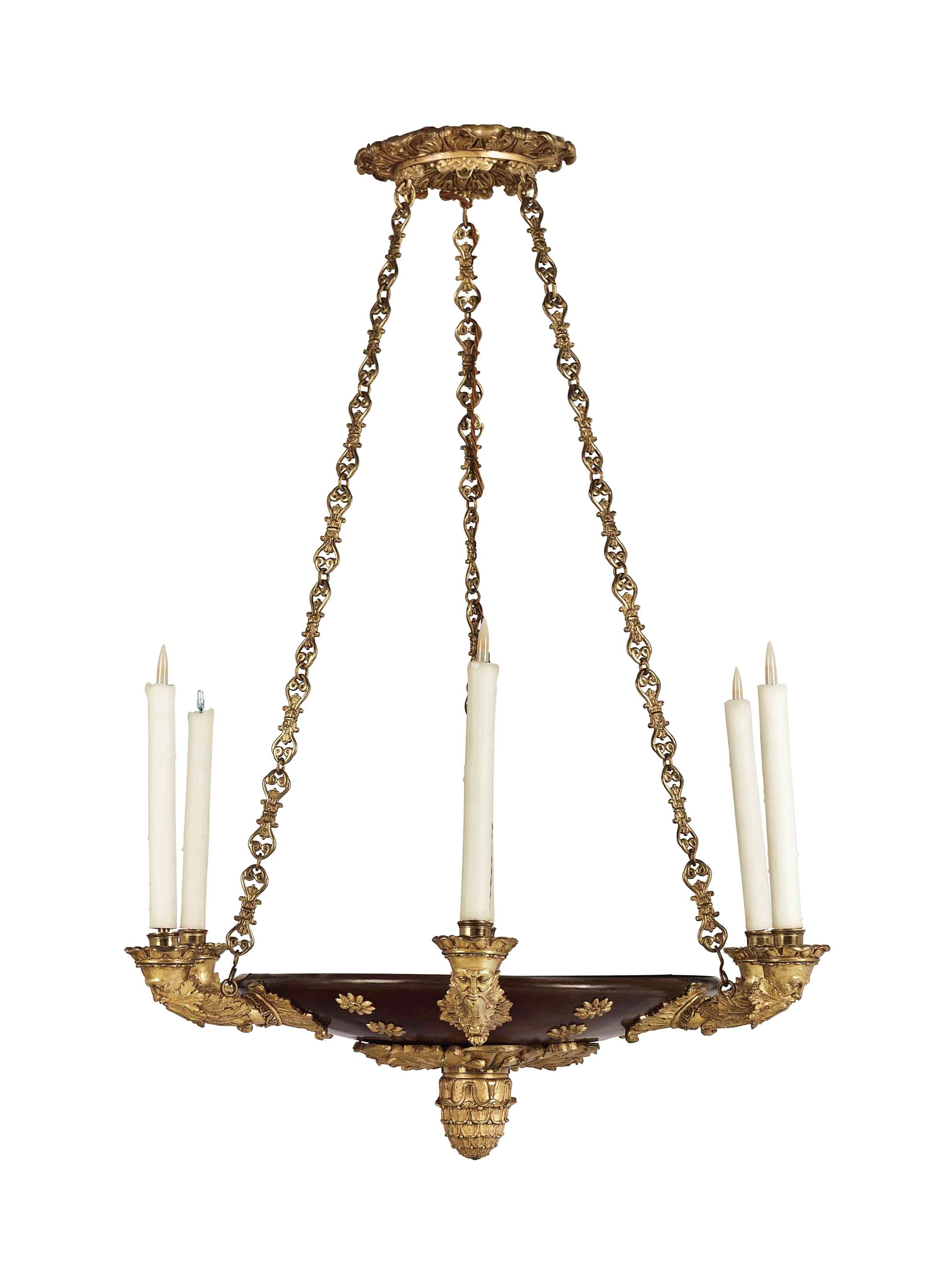 A LOUIS-PHILIPPE ORMOLU AND PATINATED BRONZE SIX-LIGHT CHANDELIER