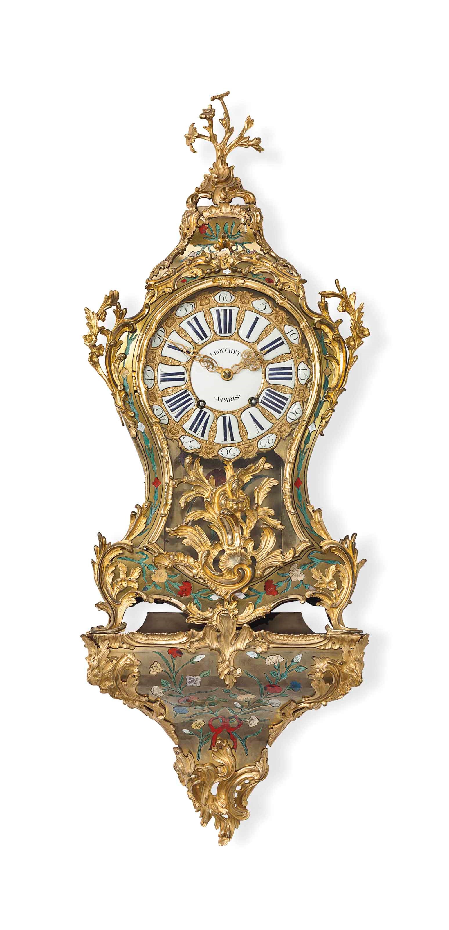 A LOUIS XV ORMOLU-MOUNTED POLYCHROME STAINED HORN AND MOTHER-OF-PEARL BOULLE MARQUETRY BRACKET CLOCK