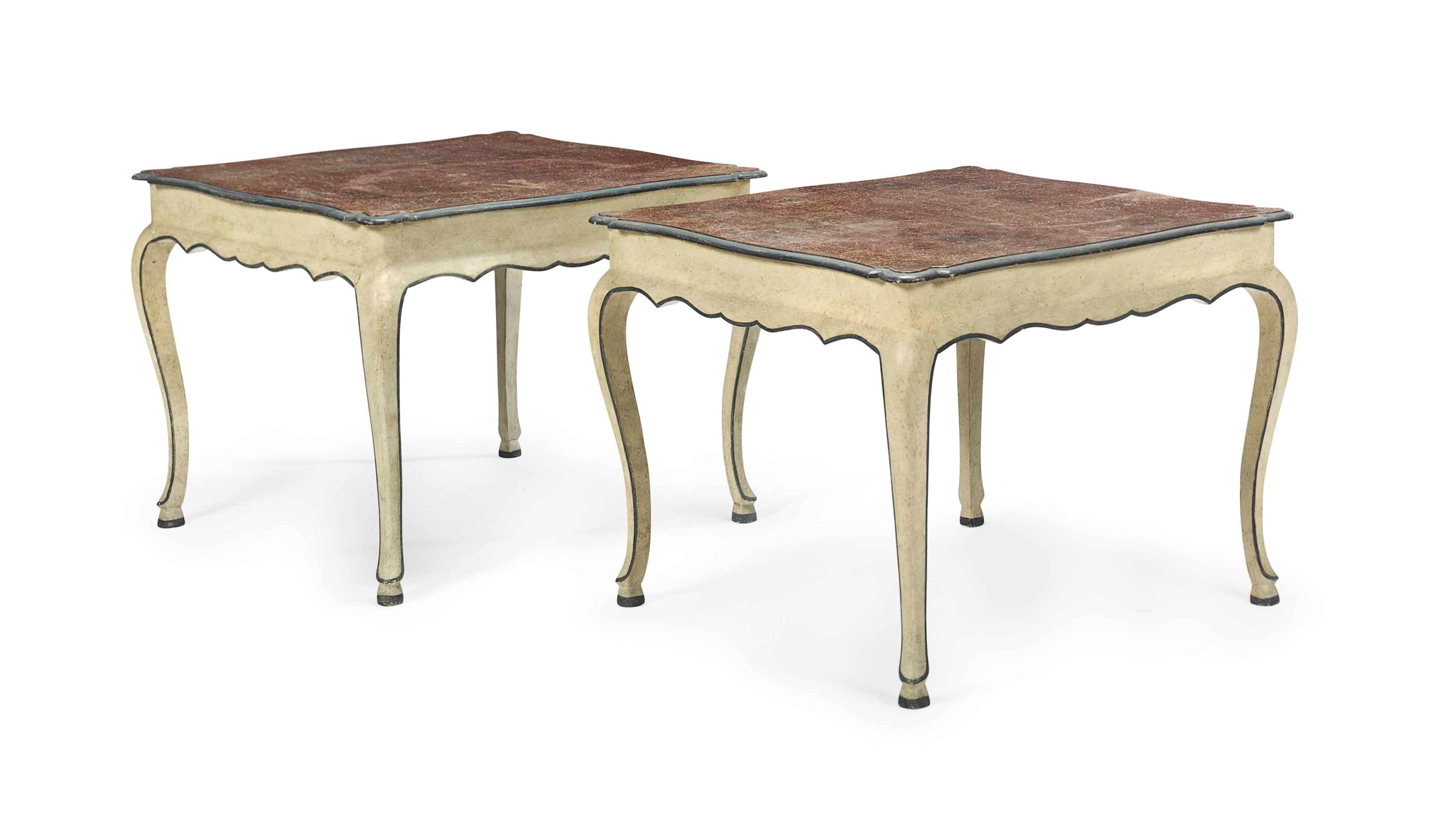 A PAIR OF CREAM AND BLUE-PAINTED TABLES