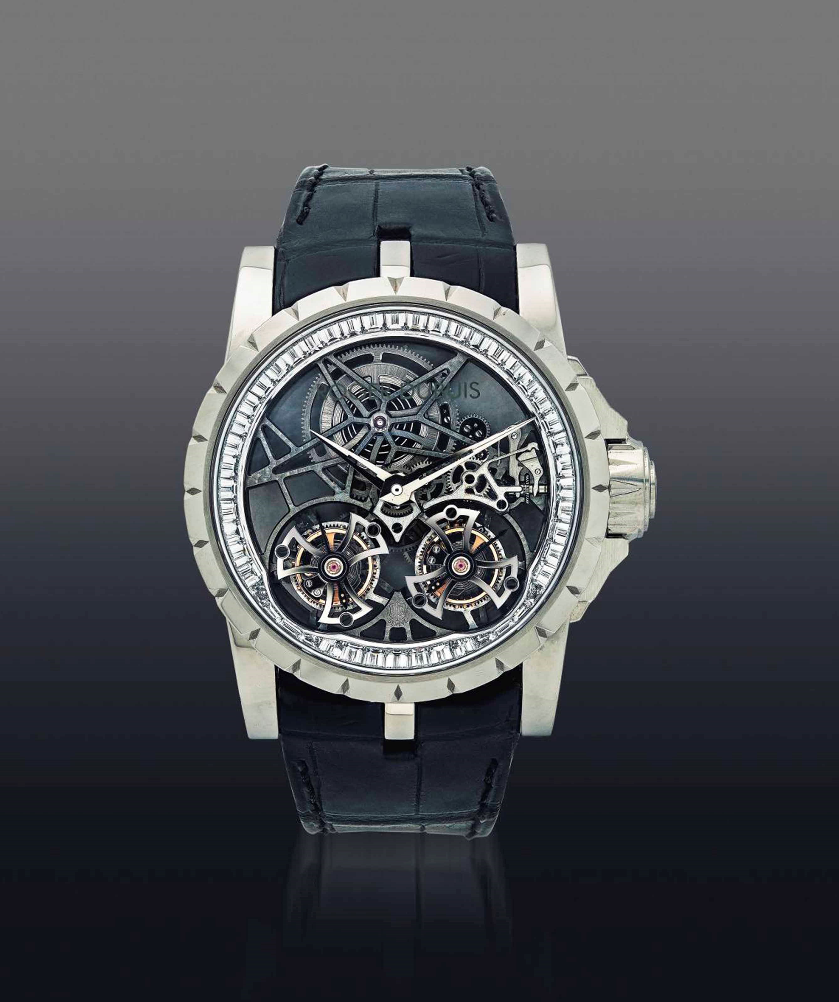 ROGER DUBUIS. AN EXTREMELY FINE AND VERY RARE 18K WHITE GOLD AND DIAMOND-SET LIMITED EDITION SKELETONIZED DOUBLE TOURBILLON WRISTWATCH