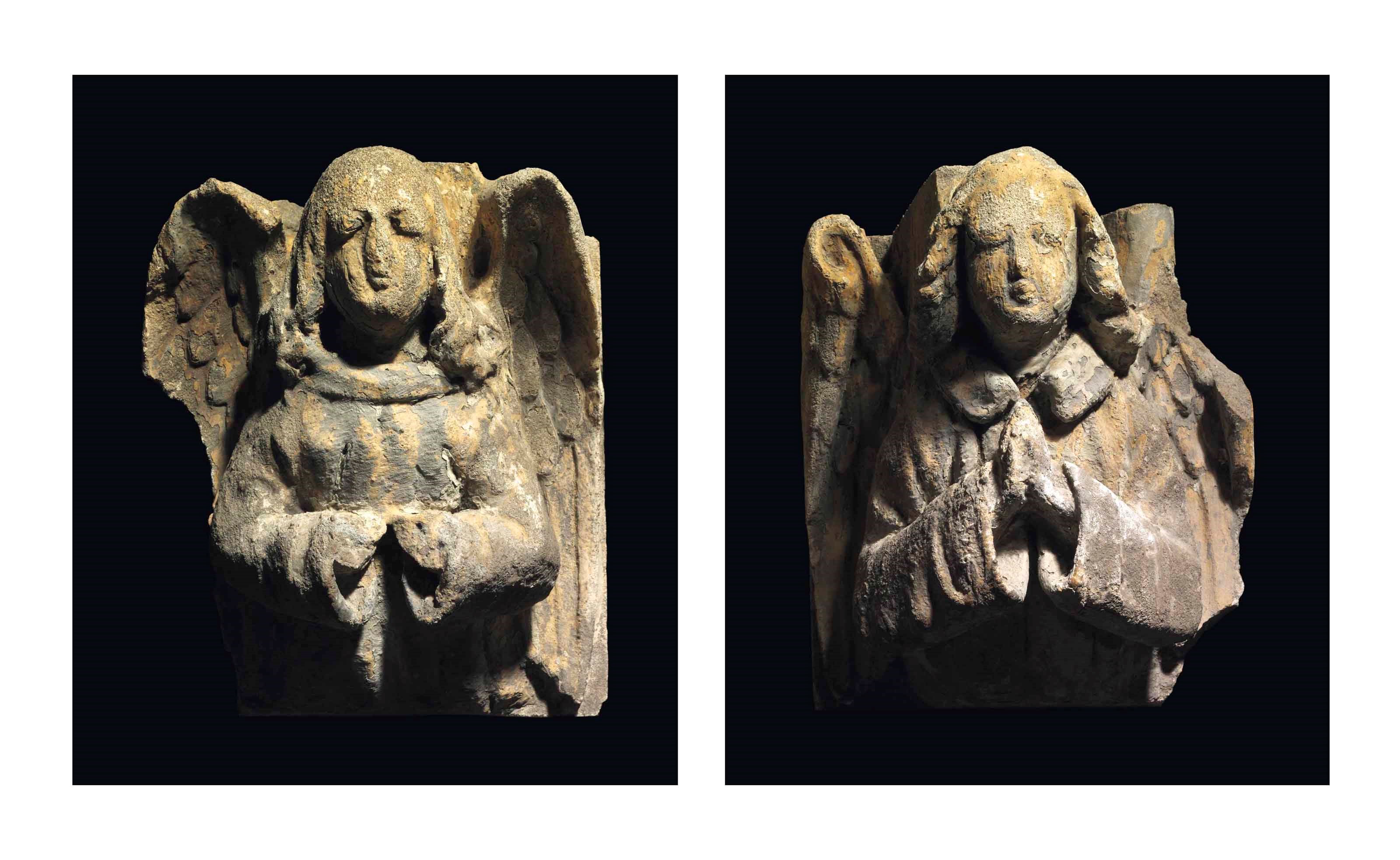 A PAIR OF STONE CORBELS IN THE FORM OF PRAYING ANGELS