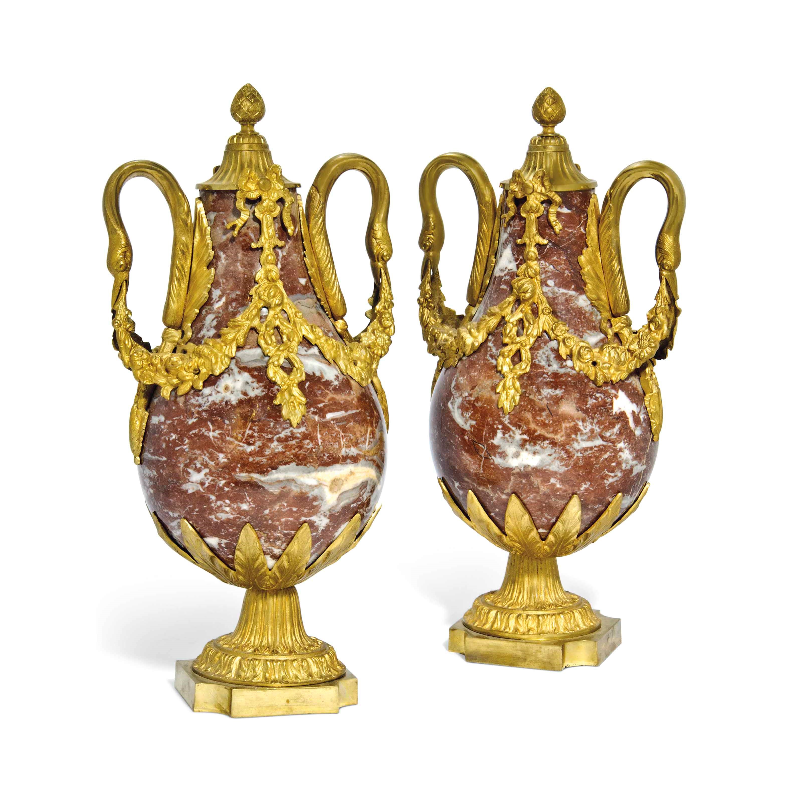 A PAIR OF ROUGE BRECCIA MARBLE AND ORMOLU URNS