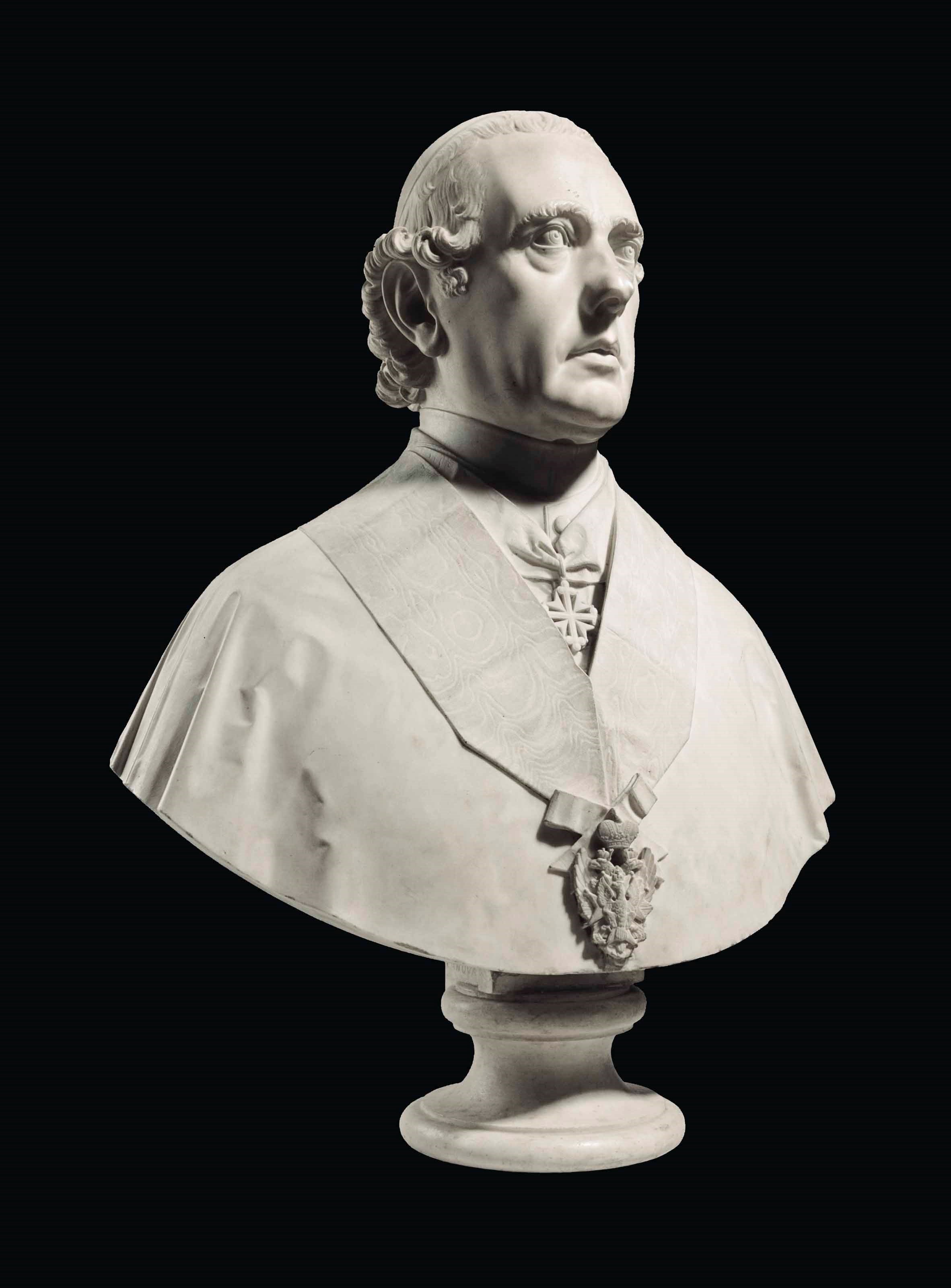 A MARBLE BUST OF A BISHOP