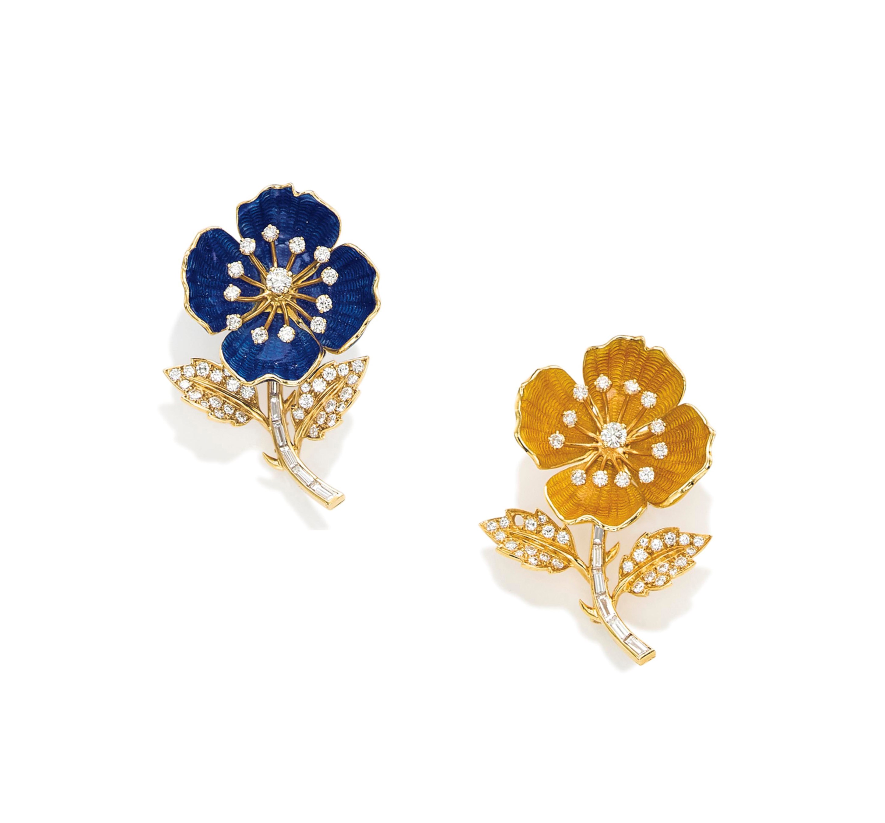 A PAIR OF ENAMEL AND DIAMOND 'ÉGLANTINE' BROOCHES, BY BOUCHERON