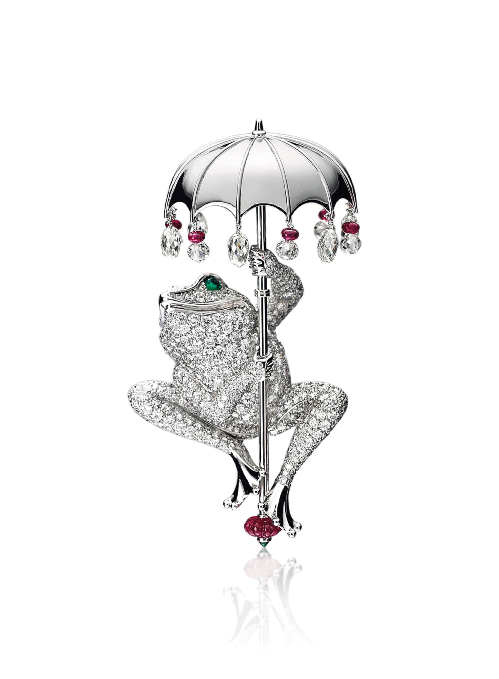 A DIAMOND, RUBY AND EMERALD NOVELTY BROOCH, BY CARTIER