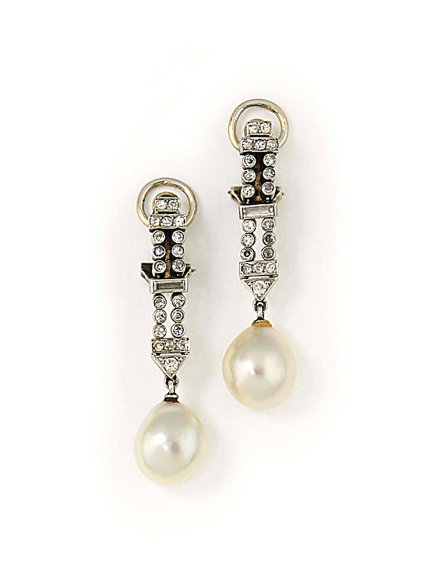 A PAIR OF PEARL AND DIAMOND EARRINGS