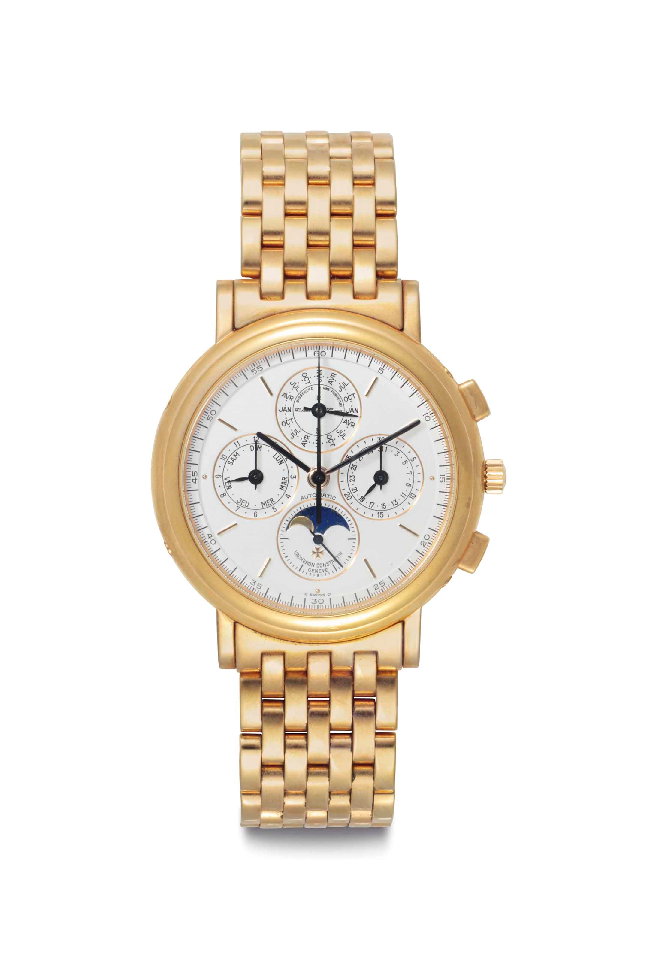 Vacheron Constantin. A Fine 18k Gold Automatic Perpetual Calendar Chronograph Wristwatch with Leap Year Indication and Moon Phases